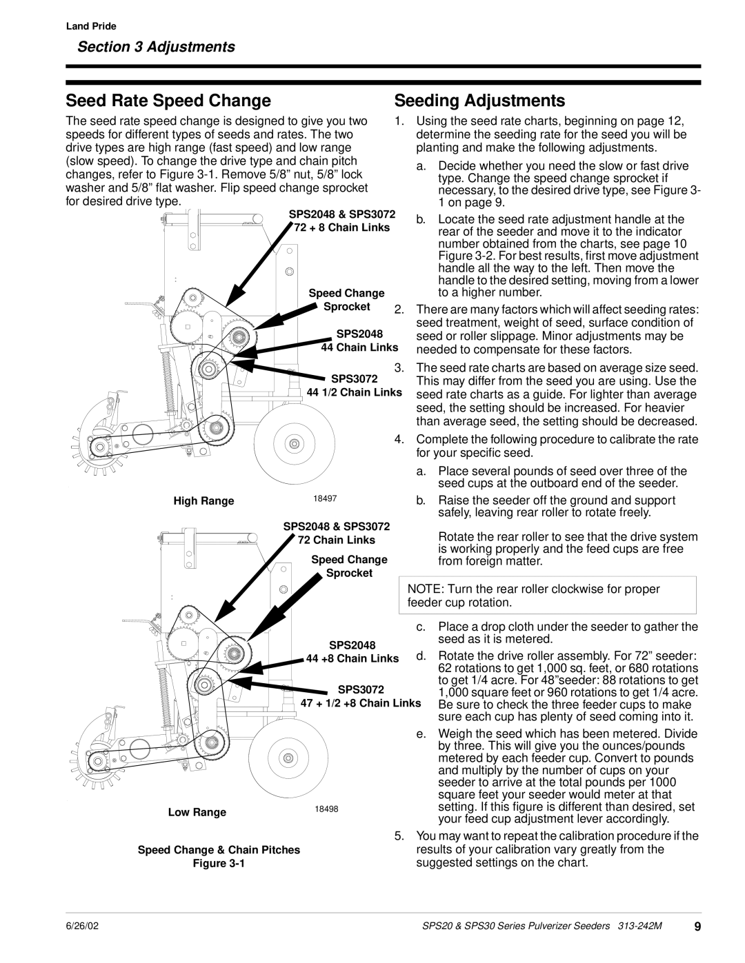 Land Pride SPS30, SPS20 manual Seed Rate Speed Change, Seeding Adjustments 