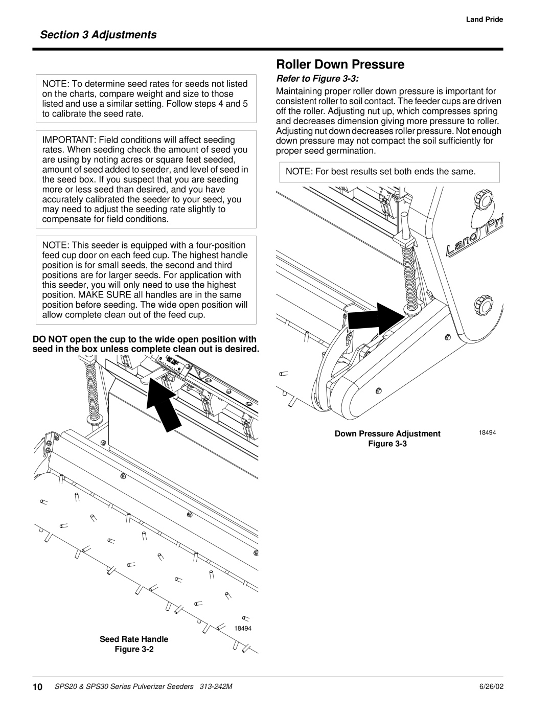Land Pride SPS20, SPS30 manual Roller Down Pressure, Refer to Figure 