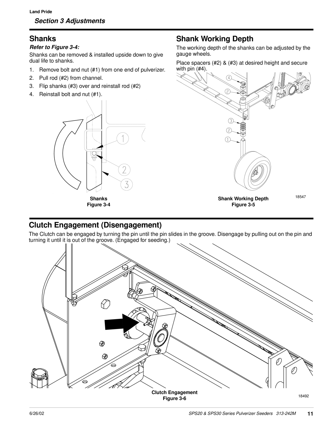 Land Pride SPS30, SPS20 manual Shanks, Shank Working Depth, Clutch Engagement Disengagement 