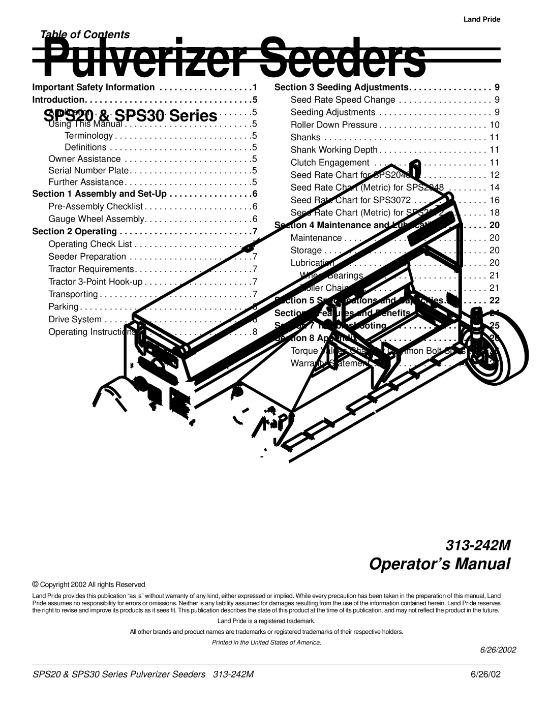 Land Pride SPS20, SPS30 manual Table of Contents 