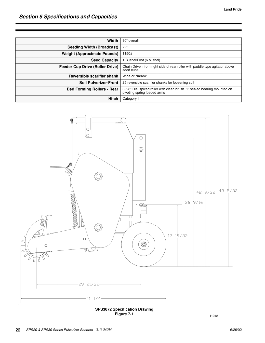 Land Pride SPS20, SPS30 manual Speciﬁcations and Capacities, Bed Forming Rollers Rear 