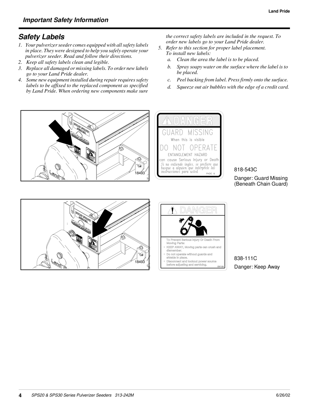 Land Pride SPS20, SPS30 manual Safety Labels, Important Safety Information 