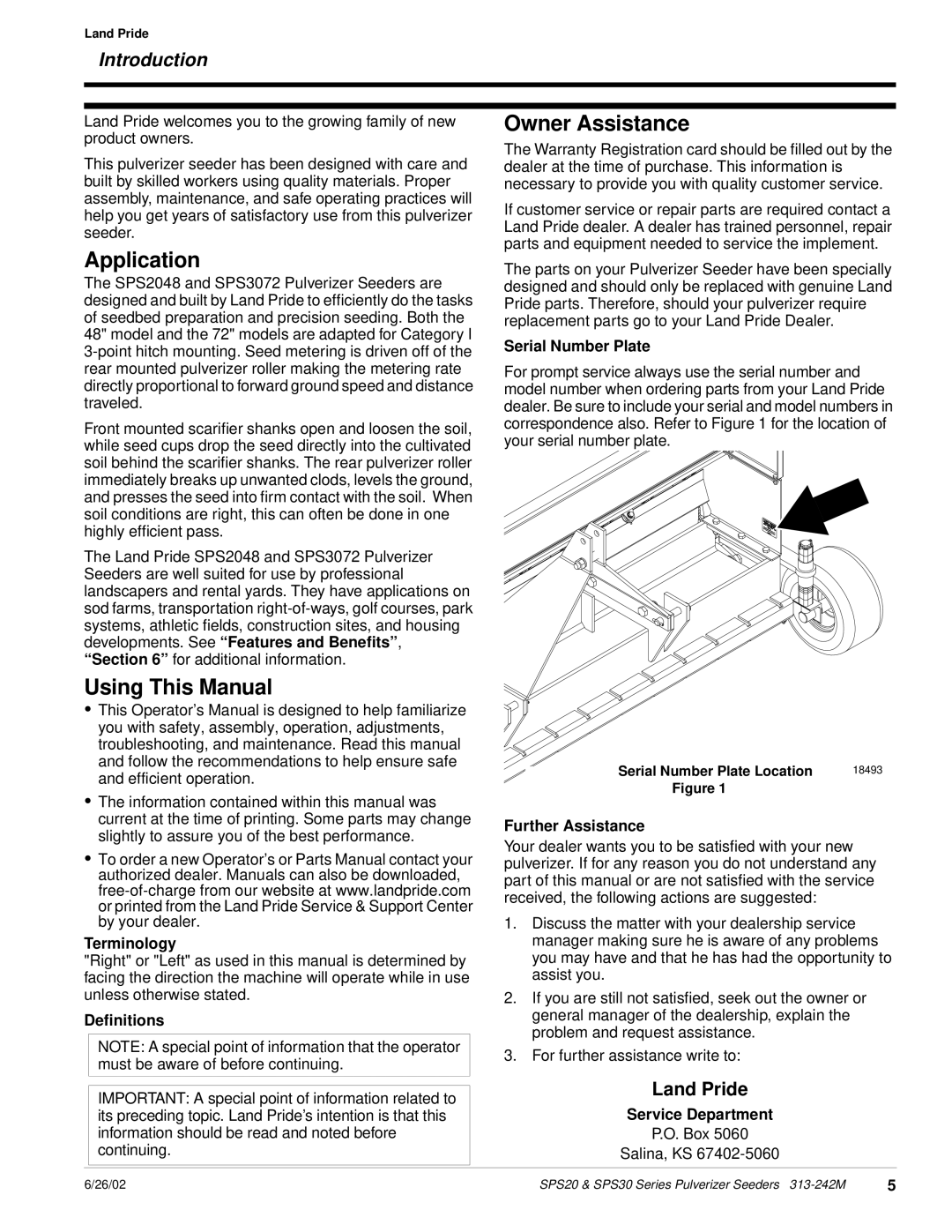 Land Pride SPS30, SPS20 manual Application, Using This Manual, Owner Assistance, Introduction, Land Pride 