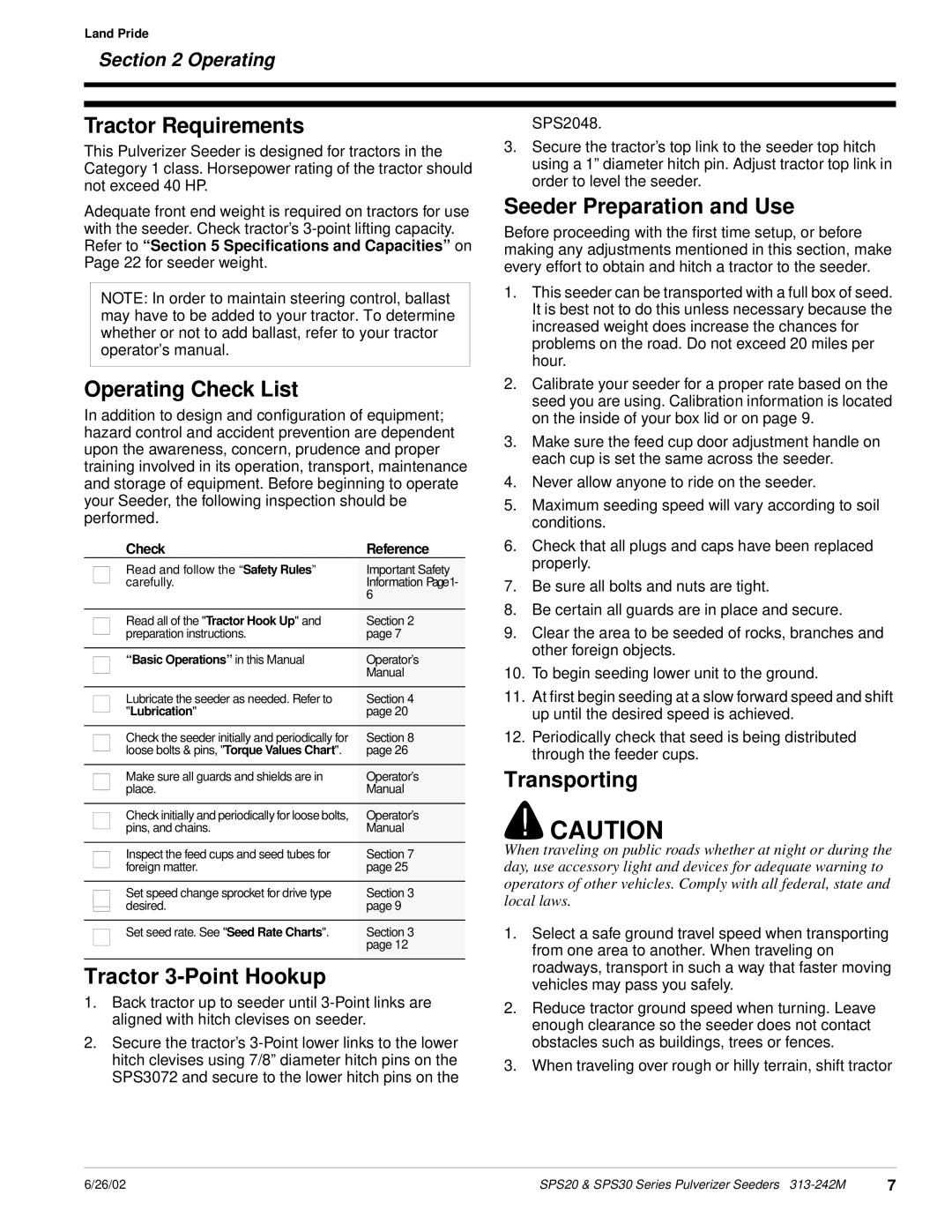 Land Pride SPS30, SPS20 Tractor Requirements, Operating Check List, Tractor 3-Point Hookup, Seeder Preparation and Use 