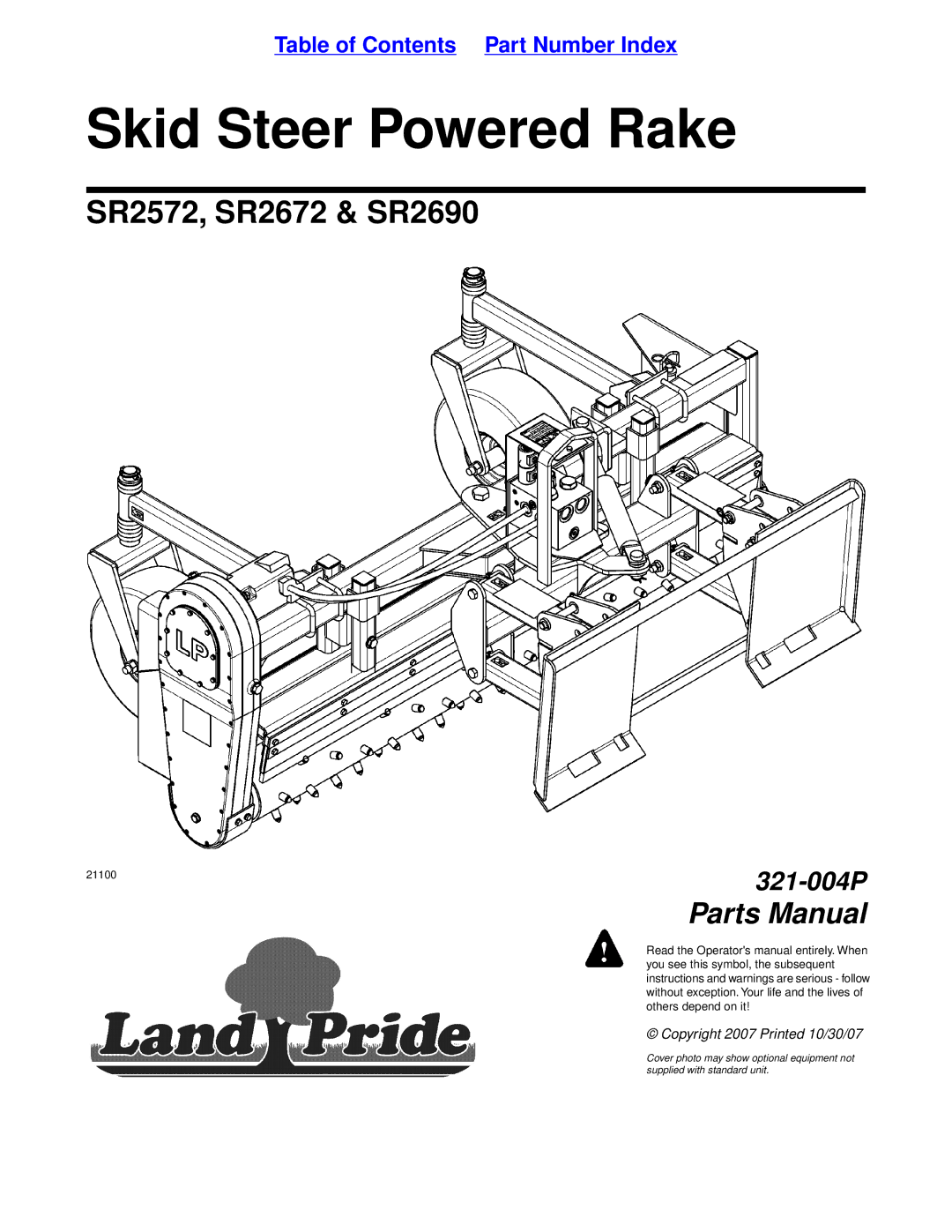 Land Pride SR2672, SR2690, SR2572 manual Skid Steer Powered Rake 