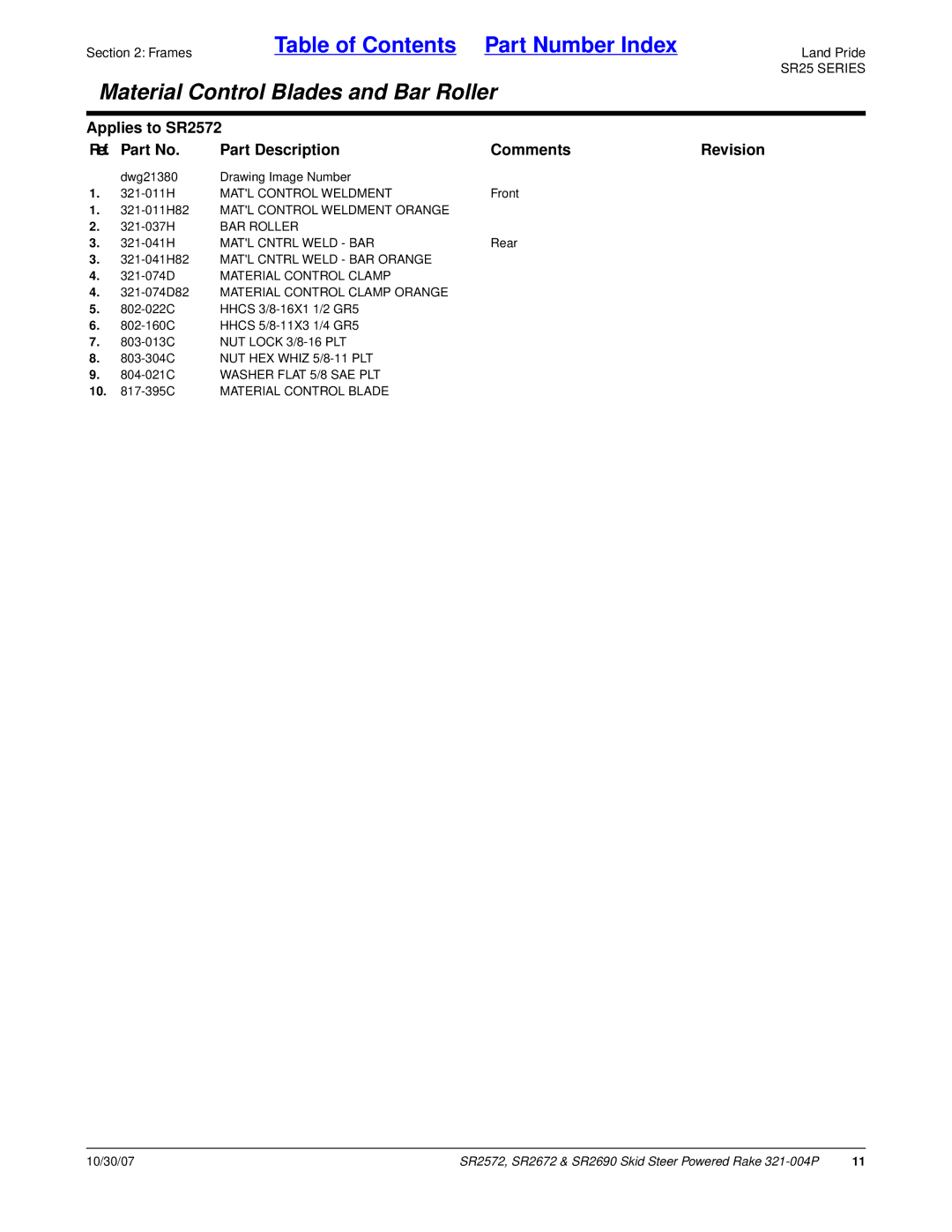 Land Pride SR2572, SR2690, SR2672 manual Matl Control Weldment 