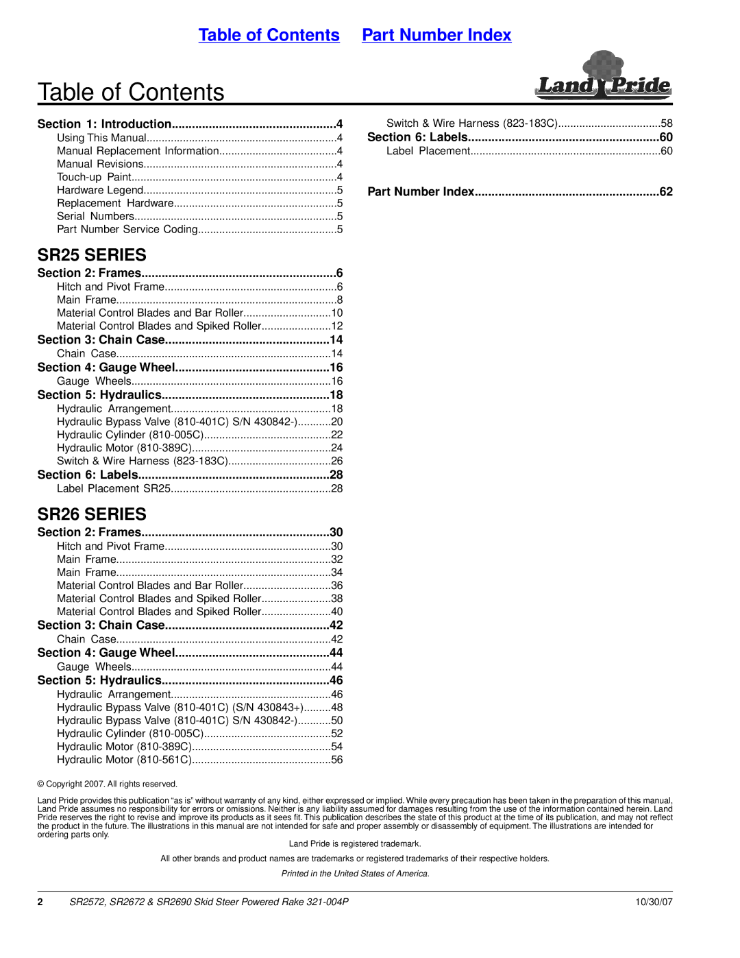 Land Pride SR2572, SR2690, SR2672 manual Table of Contents 