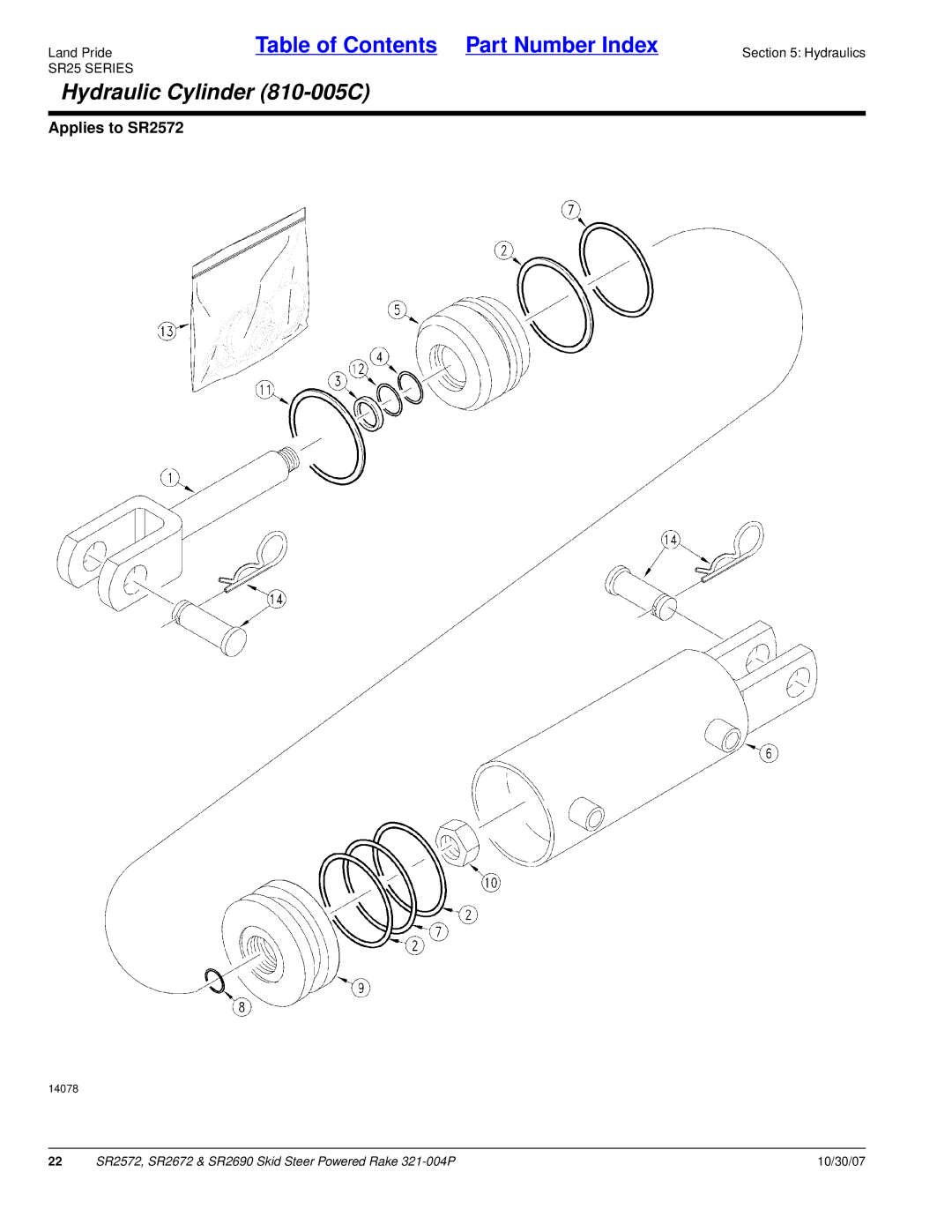 Land Pride SR2672, SR2690, SR2572 manual Hydraulic Cylinder 810-005C 