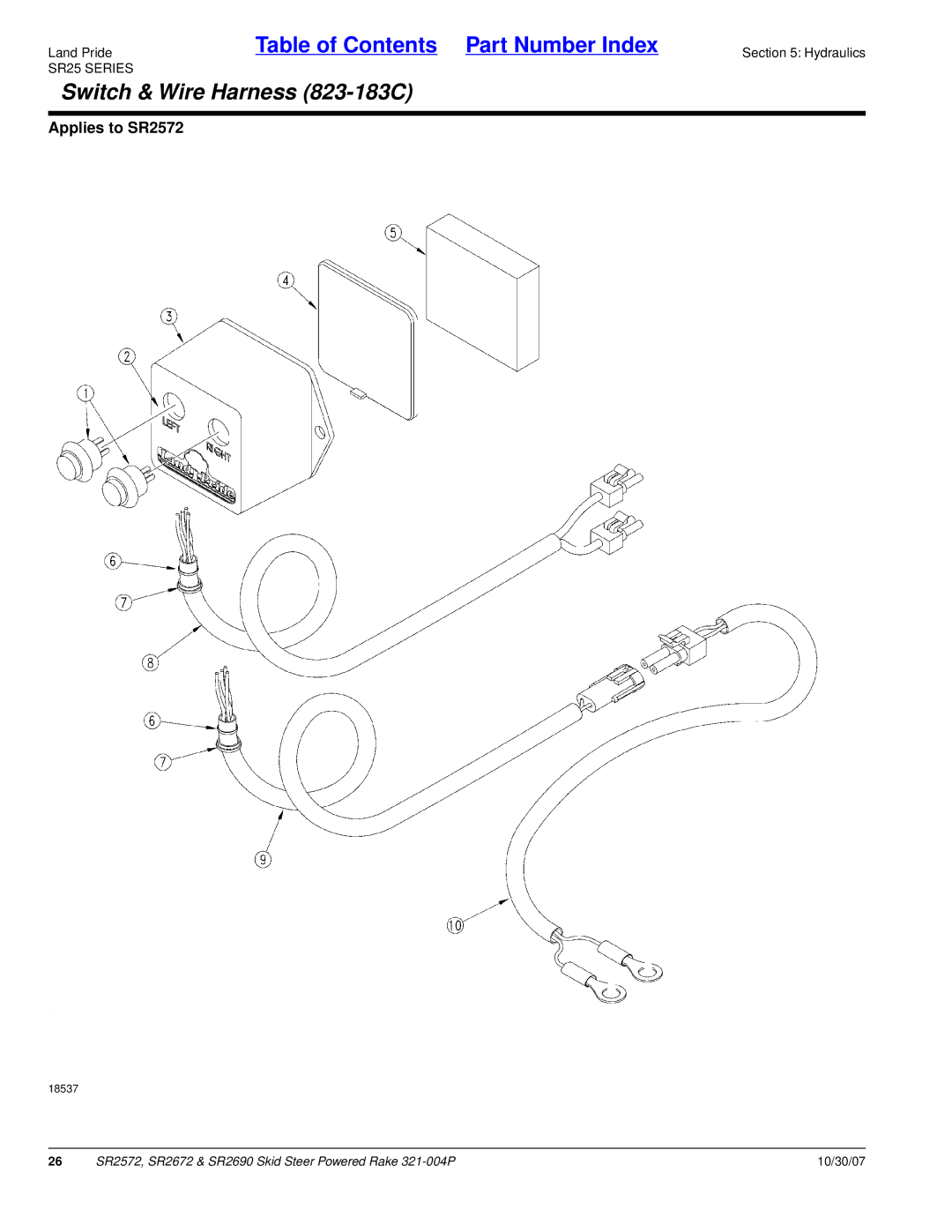 Land Pride SR2572, SR2690, SR2672 manual Switch & Wire Harness 823-183C 