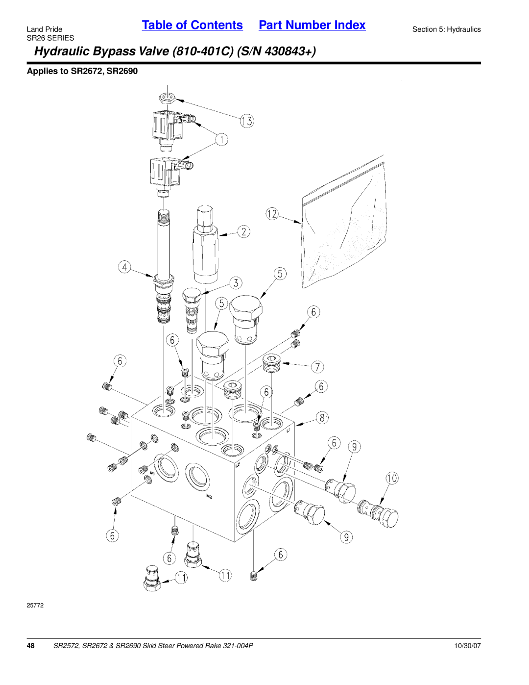 Land Pride SR2690, SR2672, SR2572 manual Hydraulic Bypass Valve 810-401C S/N 430843+ 