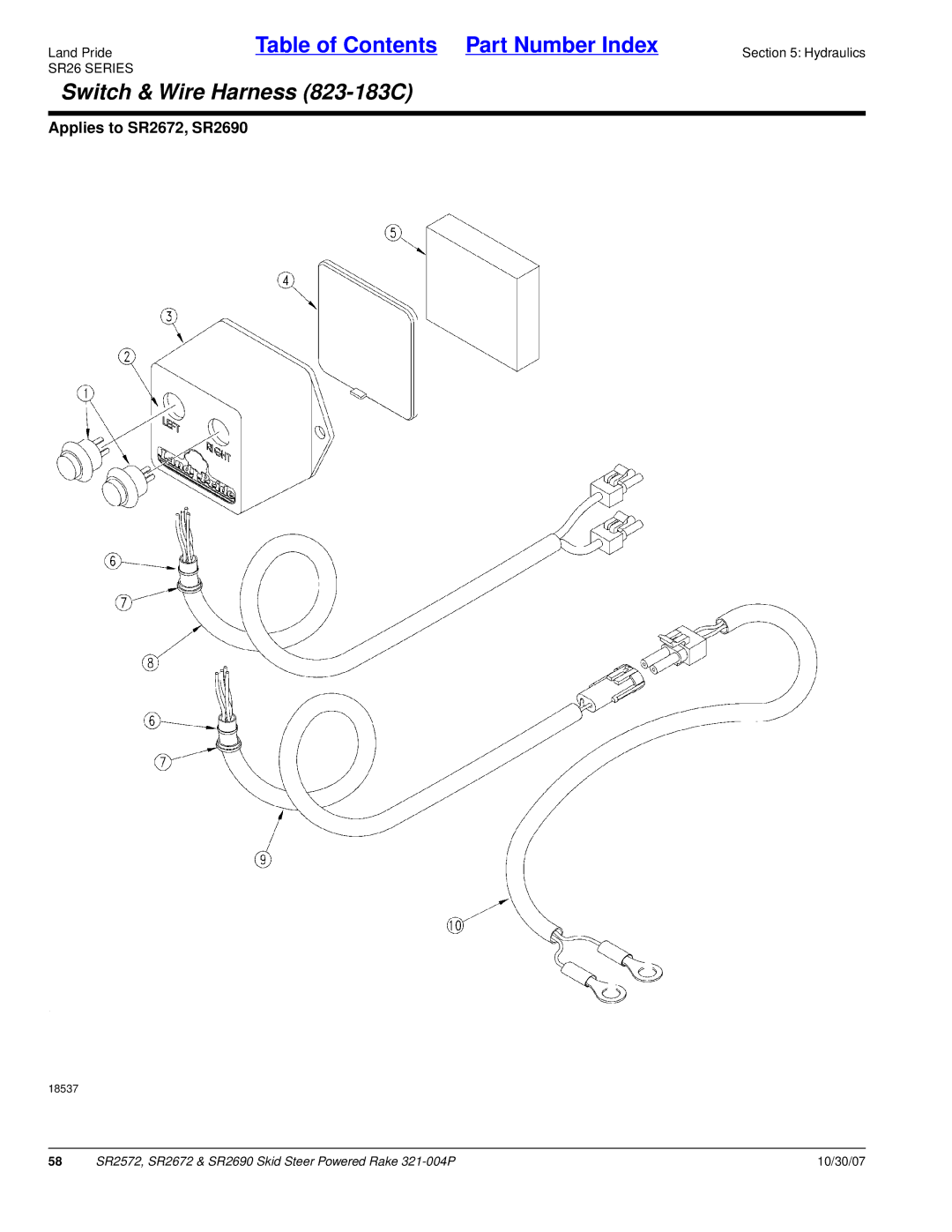 Land Pride SR2672, SR2690, SR2572 manual Switch & Wire Harness 823-183C 