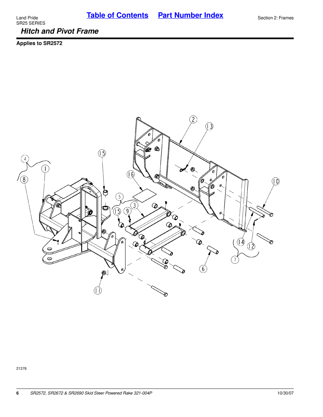 Land Pride SR2690, SR2672, SR2572 manual Hitch and Pivot Frame 