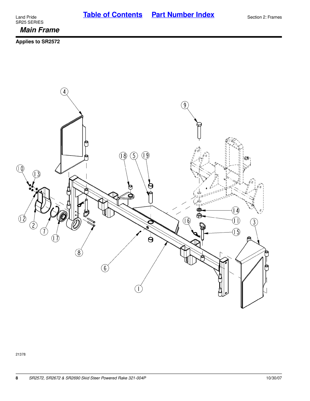 Land Pride SR2572, SR2690, SR2672 manual Main Frame 