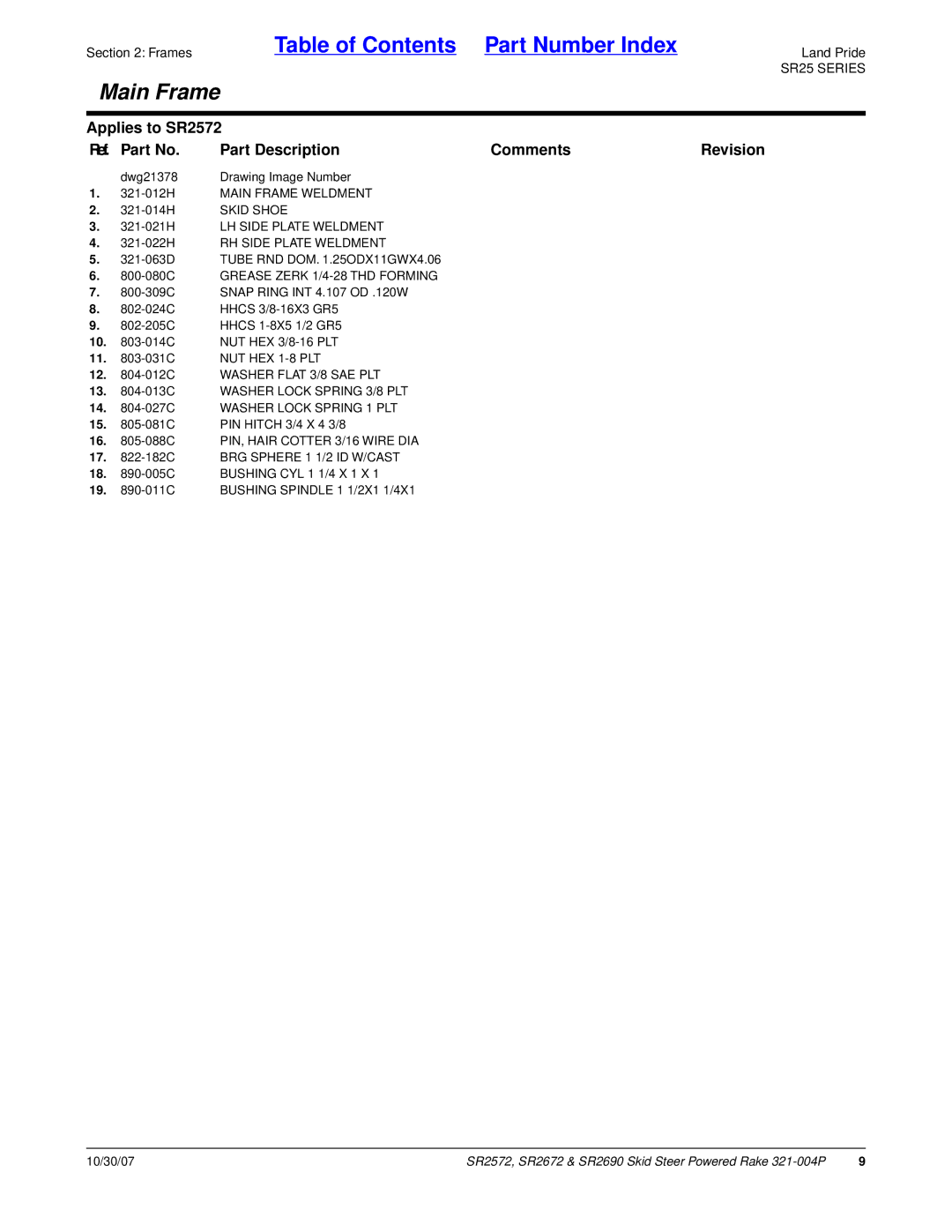 Land Pride SR2690, SR2672, SR2572 manual 321-012H Main Frame Weldment 