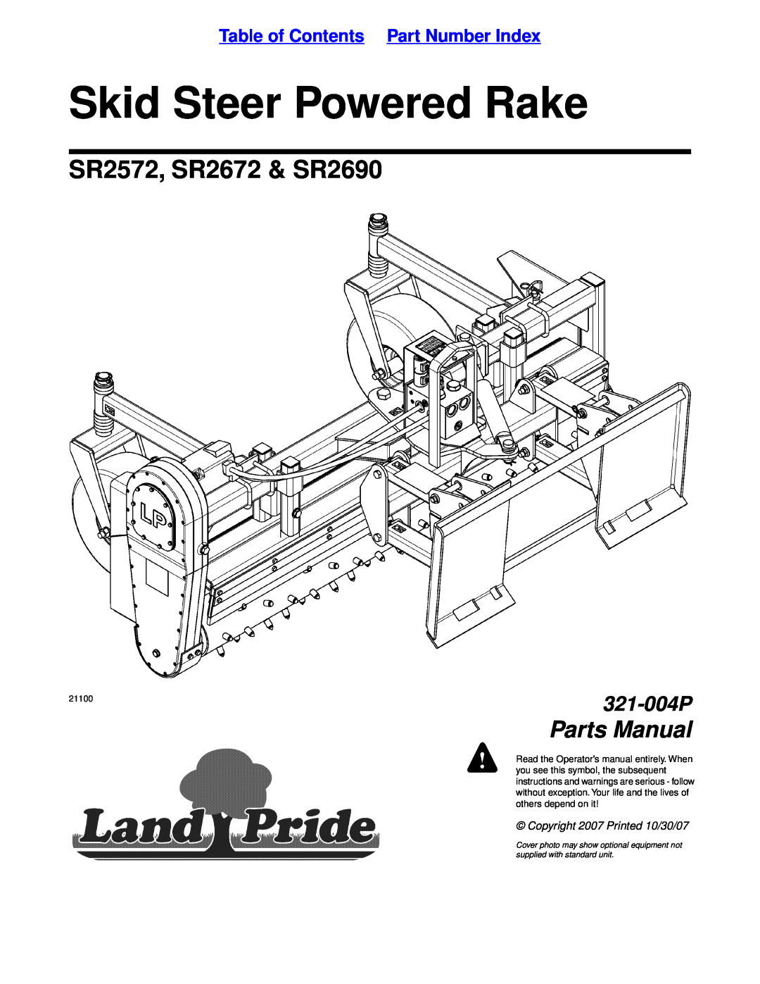 Land Pride manual Table of Contents Part Number Index, Skid Steer Powered Rake, SR2572, SR2672 & SR2690, Parts Manual 
