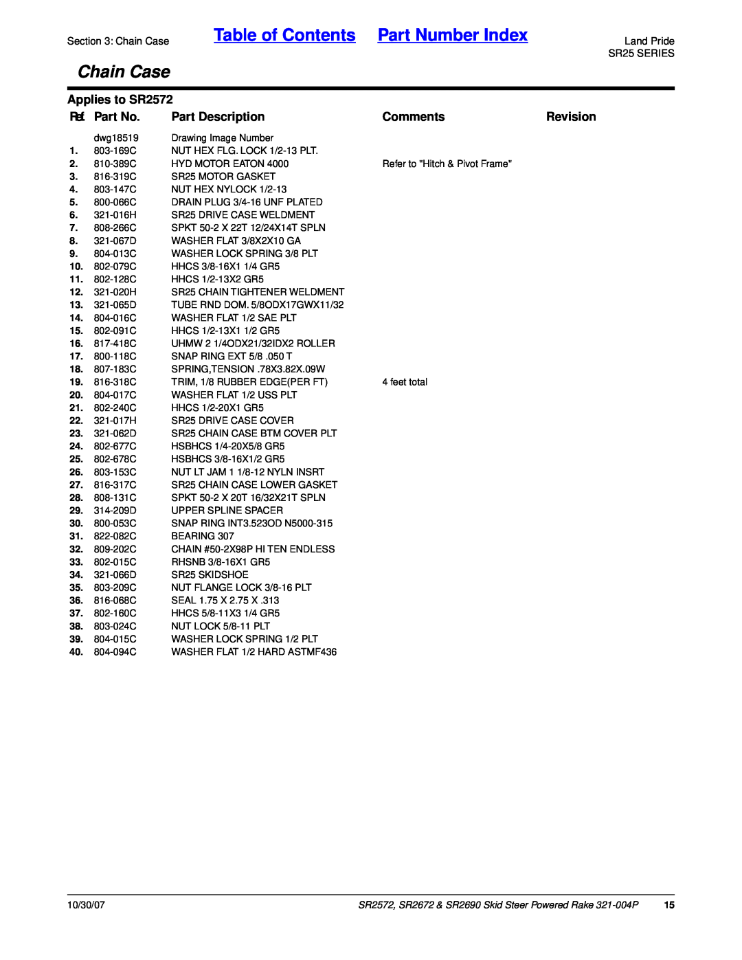 Land Pride SR2690 manual Table of Contents Part Number Index, Chain Case, Applies to SR2572, Ref. Part No, Part Description 