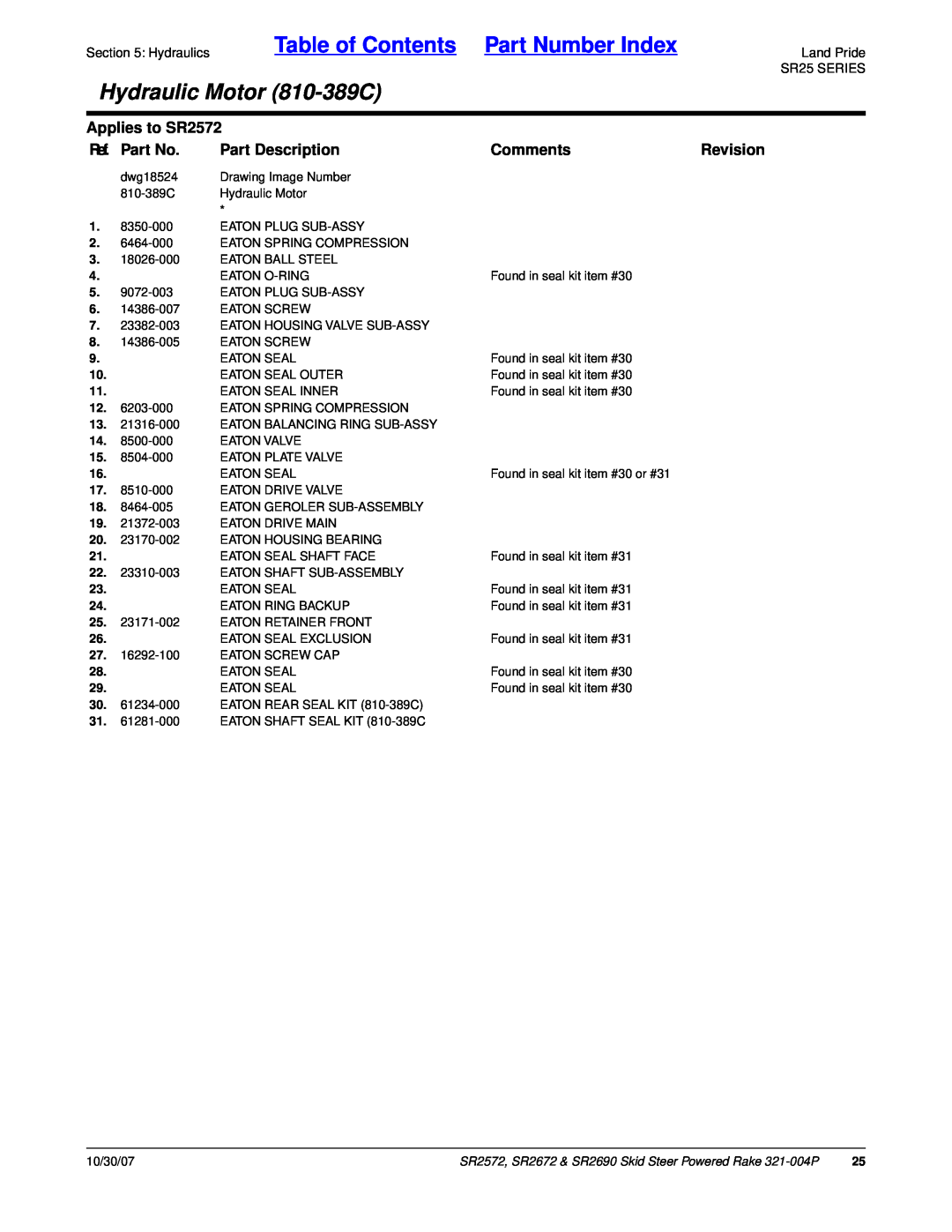 Land Pride SR2672 Table of Contents Part Number Index, Hydraulic Motor 810-389C, Applies to SR2572, Ref. Part No, Comments 