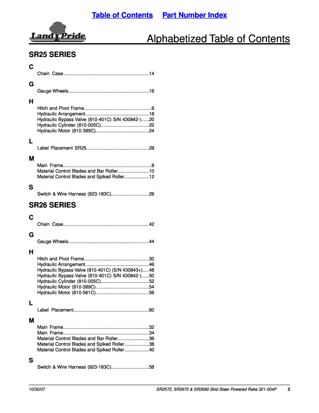 Land Pride SR2690, SR2672 Alphabetized Table of Contents, Table of Contents Part Number Index, SR25 SERIES, SR26 SERIES 