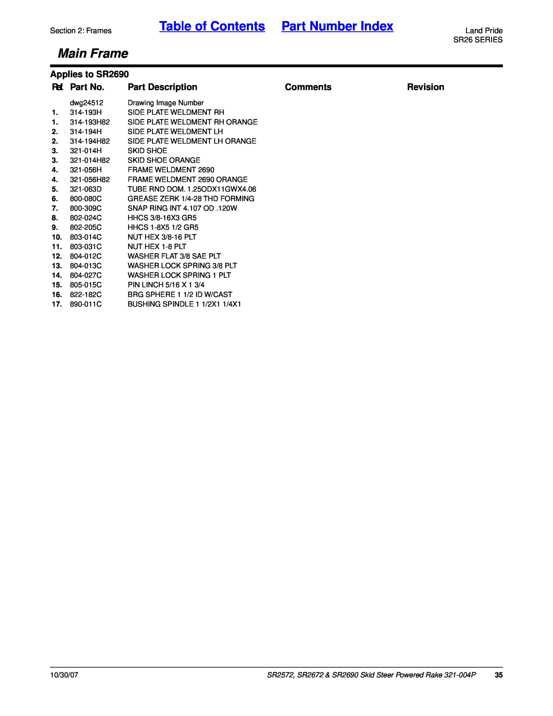Land Pride SR2572 manual Table of Contents Part Number Index, Main Frame, Applies to SR2690, Ref. Part No, Part Description 