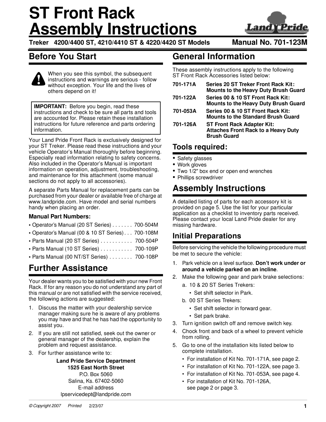 Land Pride 701-053a, ST Front Rack, 701-122a, 701-126a installation instructions Tools required, Initial Preparations 