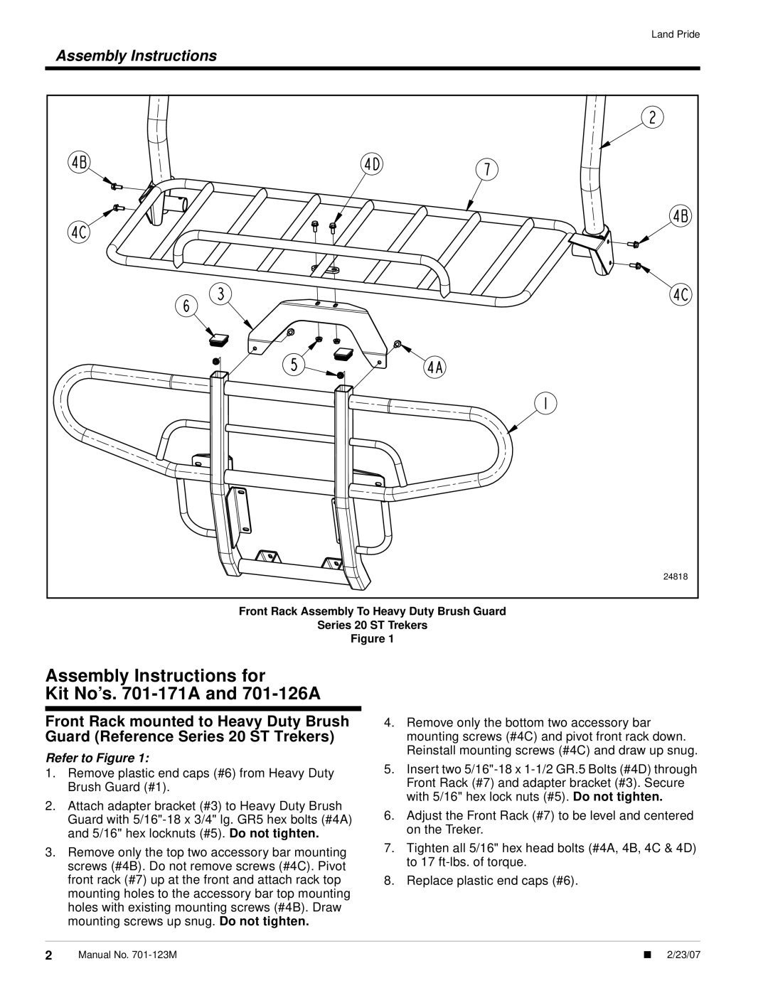 Land Pride 701-122a, ST Front Rack, 701-053a Assembly Instructions for Kit No’s -171A and 701-126A, Refer to Figure 