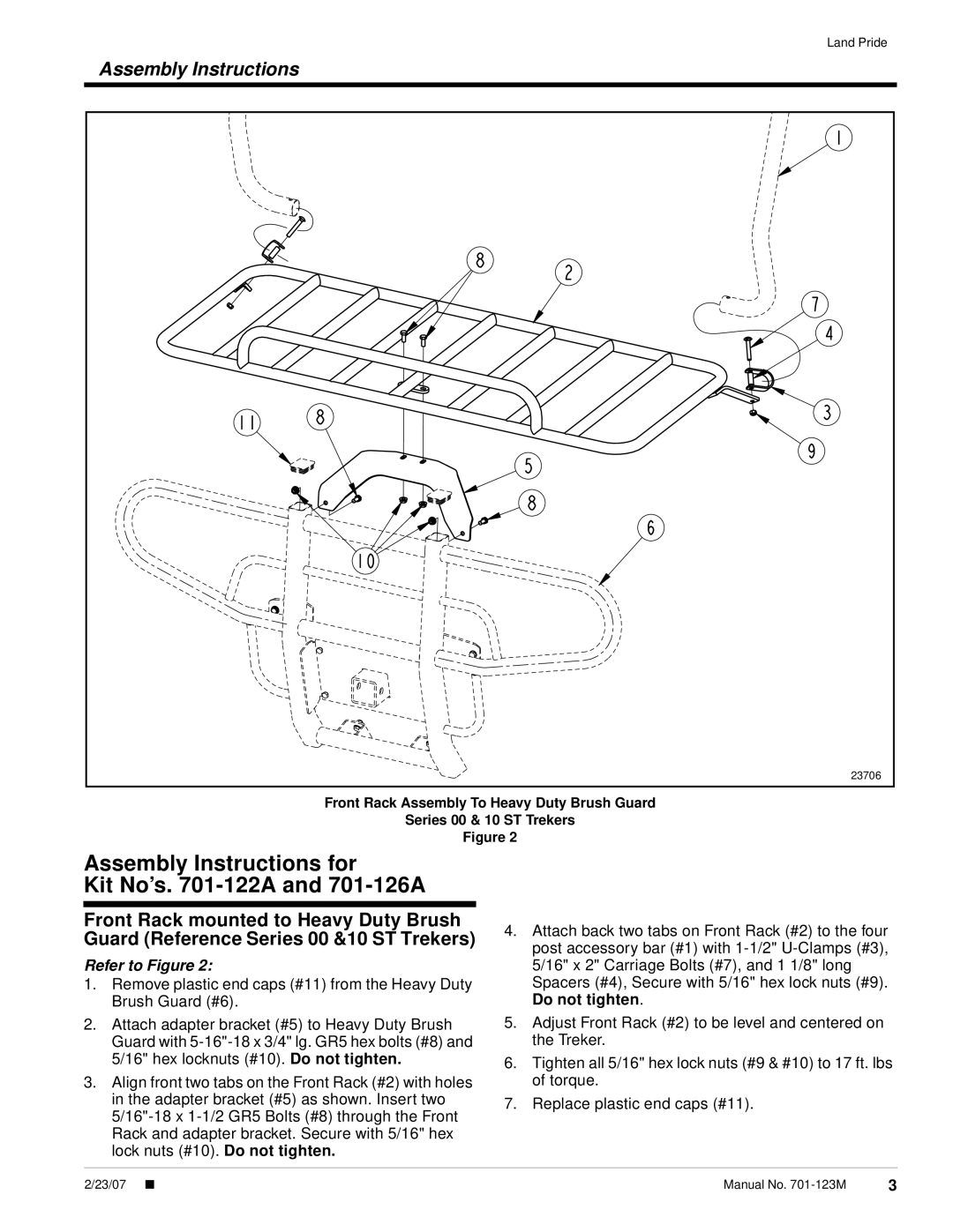 Land Pride 701-126a, ST Front Rack, 701-053a, 701-122a, 701-171a Assembly Instructions for Kit No’s -122A and 701-126A 