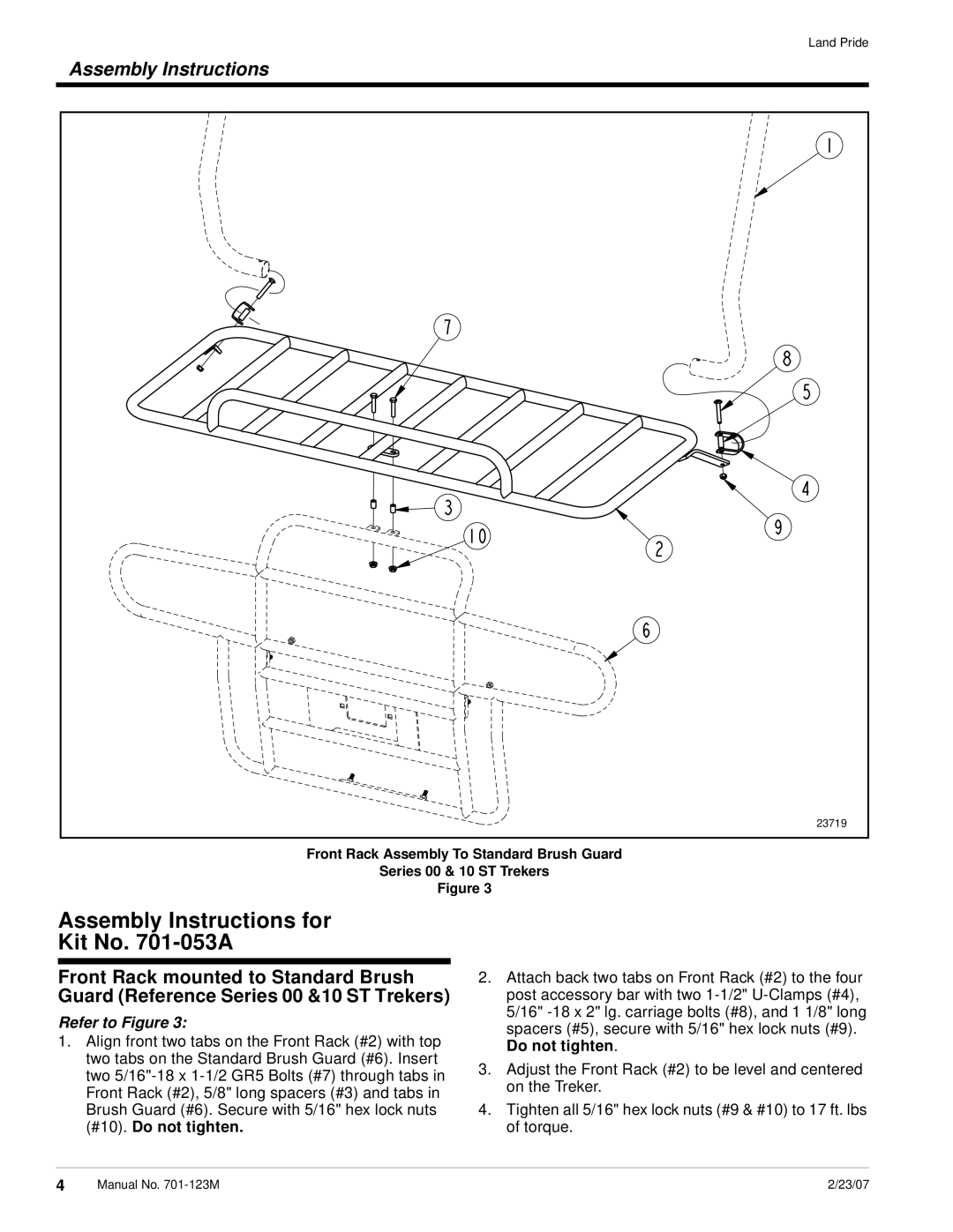 Land Pride 701-171a, ST Front Rack, 701-053a, 701-122a, 701-126a Assembly Instructions for Kit No -053A, Do not tighten 