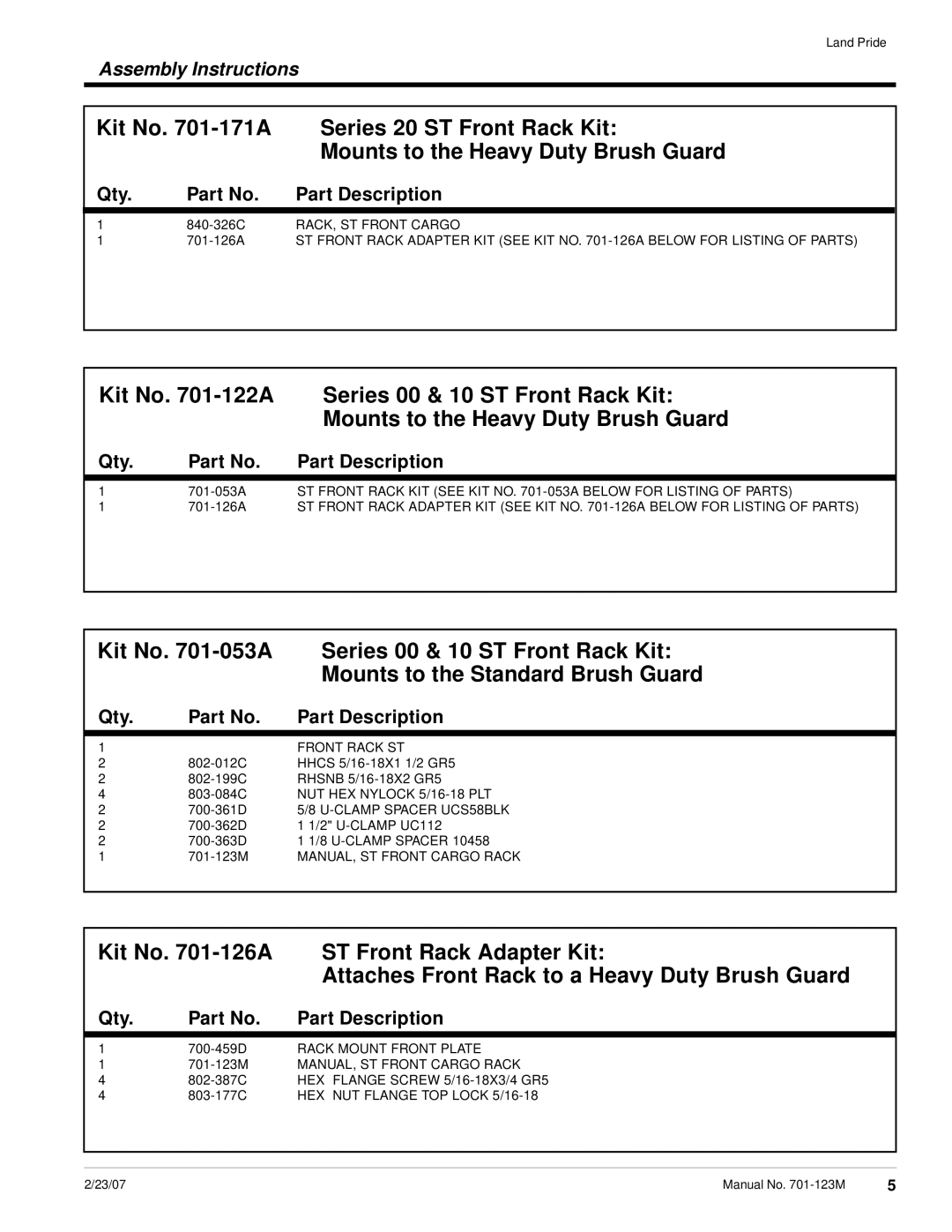 Land Pride ST Front Rack, 701-053a, 701-122a, 701-126a, 701-171a installation instructions Qty Part Description 