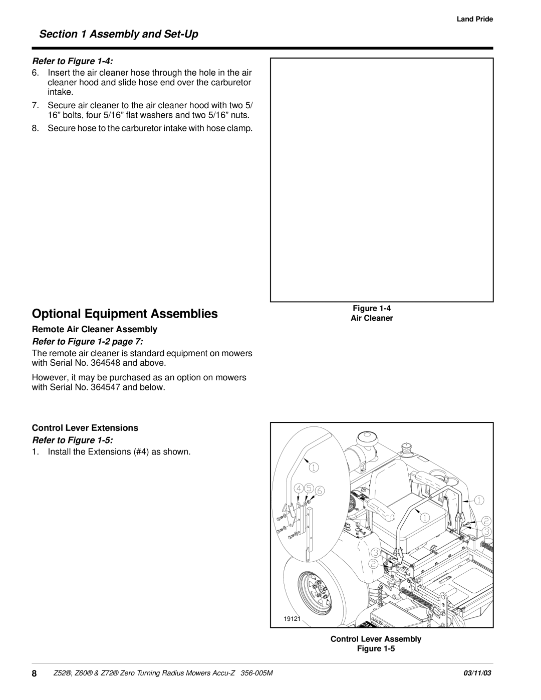 Land Pride Z52 , Z60, Z72 manual Optional Equipment Assemblies, Remote Air Cleaner Assembly, Control Lever Extensions 