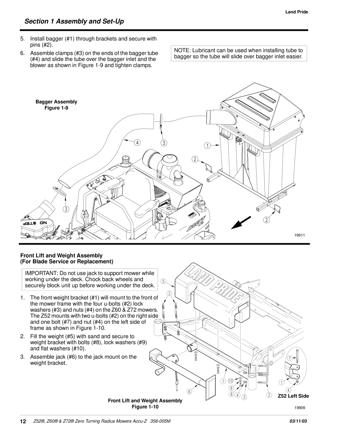 Land Pride Z52 , Z60, Z72 manual Bagger Assembly 