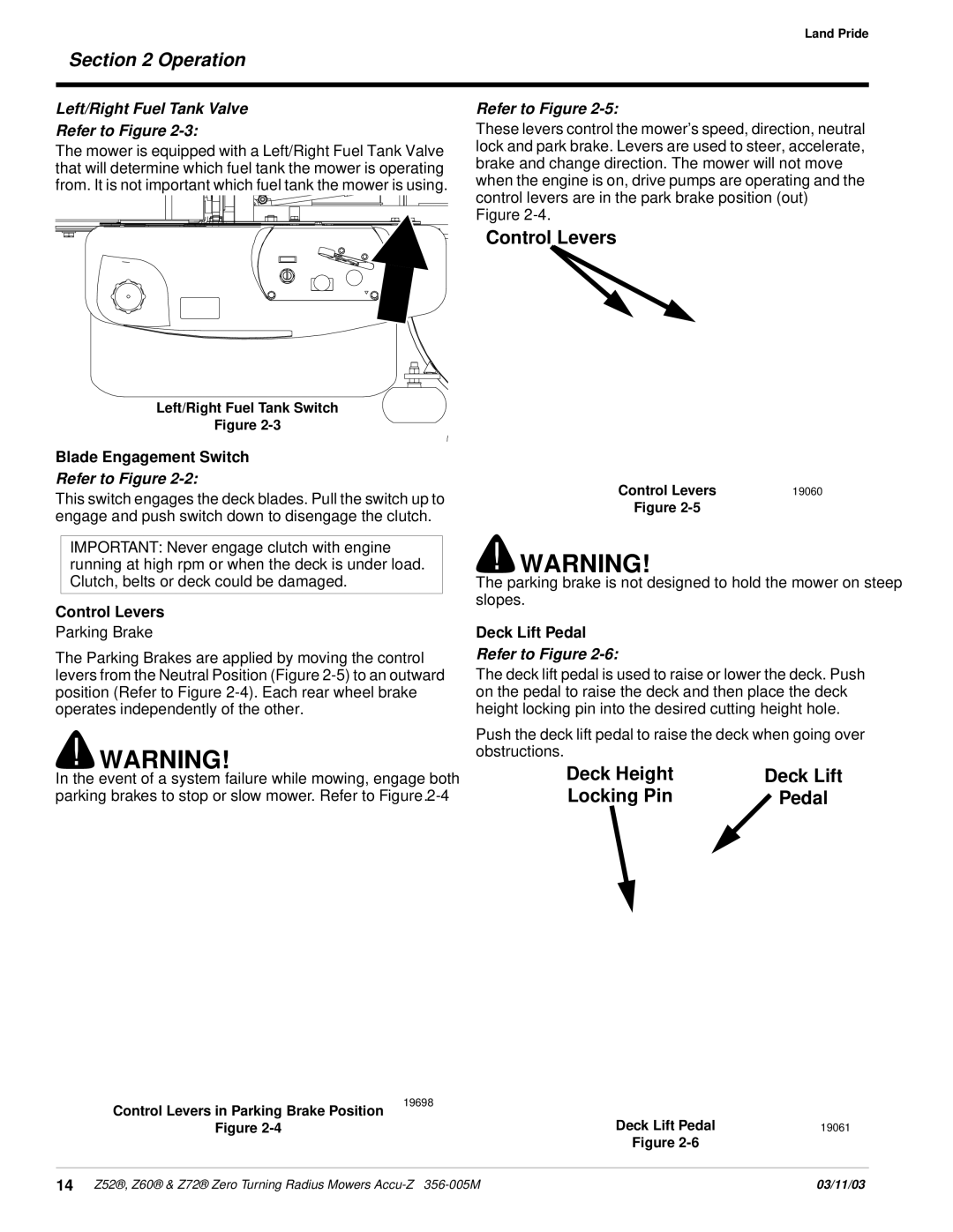 Land Pride Z52 , Z60, Z72 Control Levers, Deck Height Deck Lift Locking Pin, Blade Engagement Switch, Deck Lift Pedal 