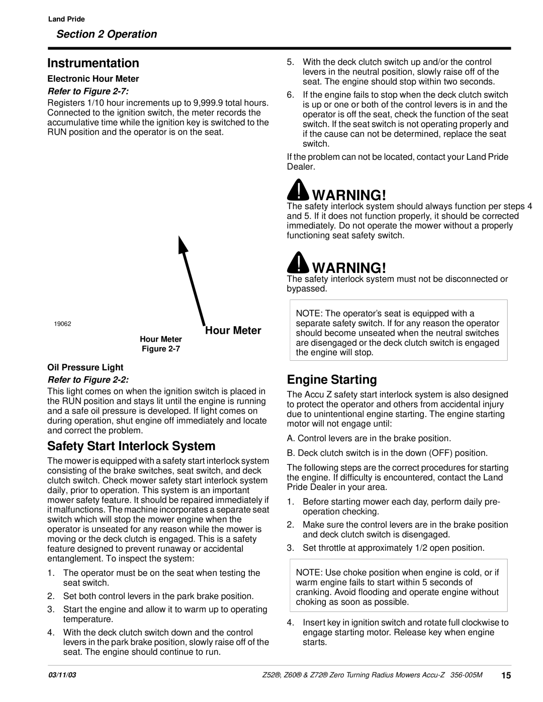 Land Pride Z52 , Z60, Z72 manual Instrumentation, Safety Start Interlock System, Engine Starting, Hour Meter 