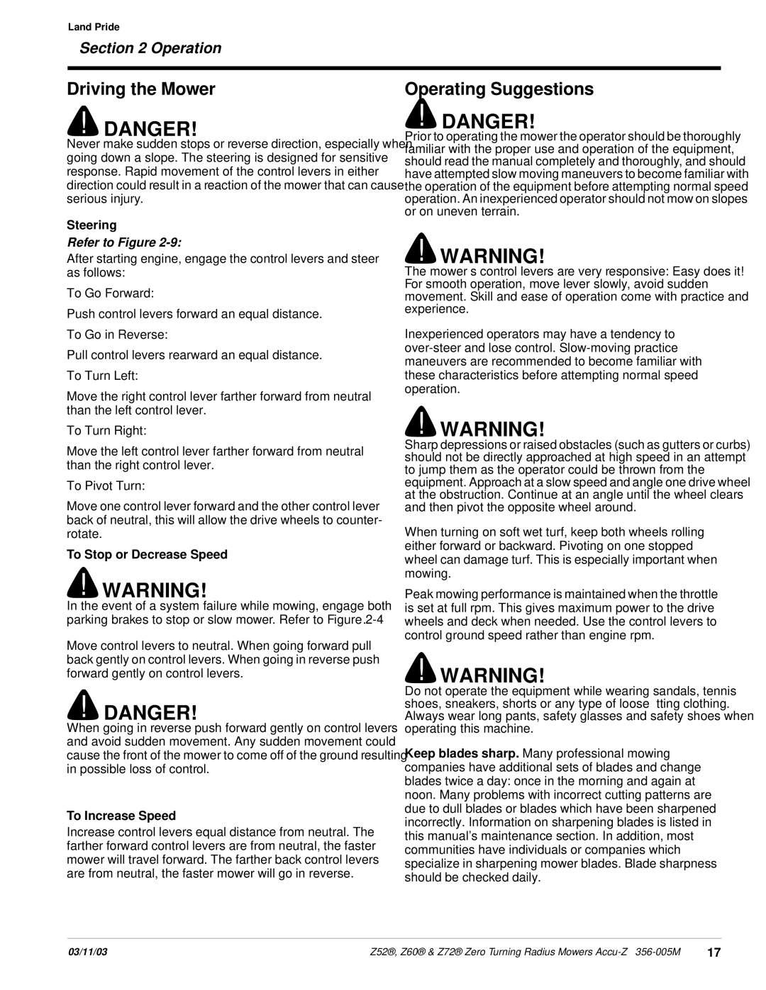 Land Pride Z52, Z60 manual Driving the Mower, Operating Suggestions, Steering, To Stop or Decrease Speed, To Increase Speed 