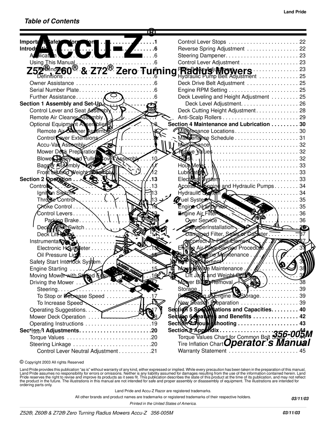 Land Pride Z52 , Z60, Z72 manual Table of Contents 