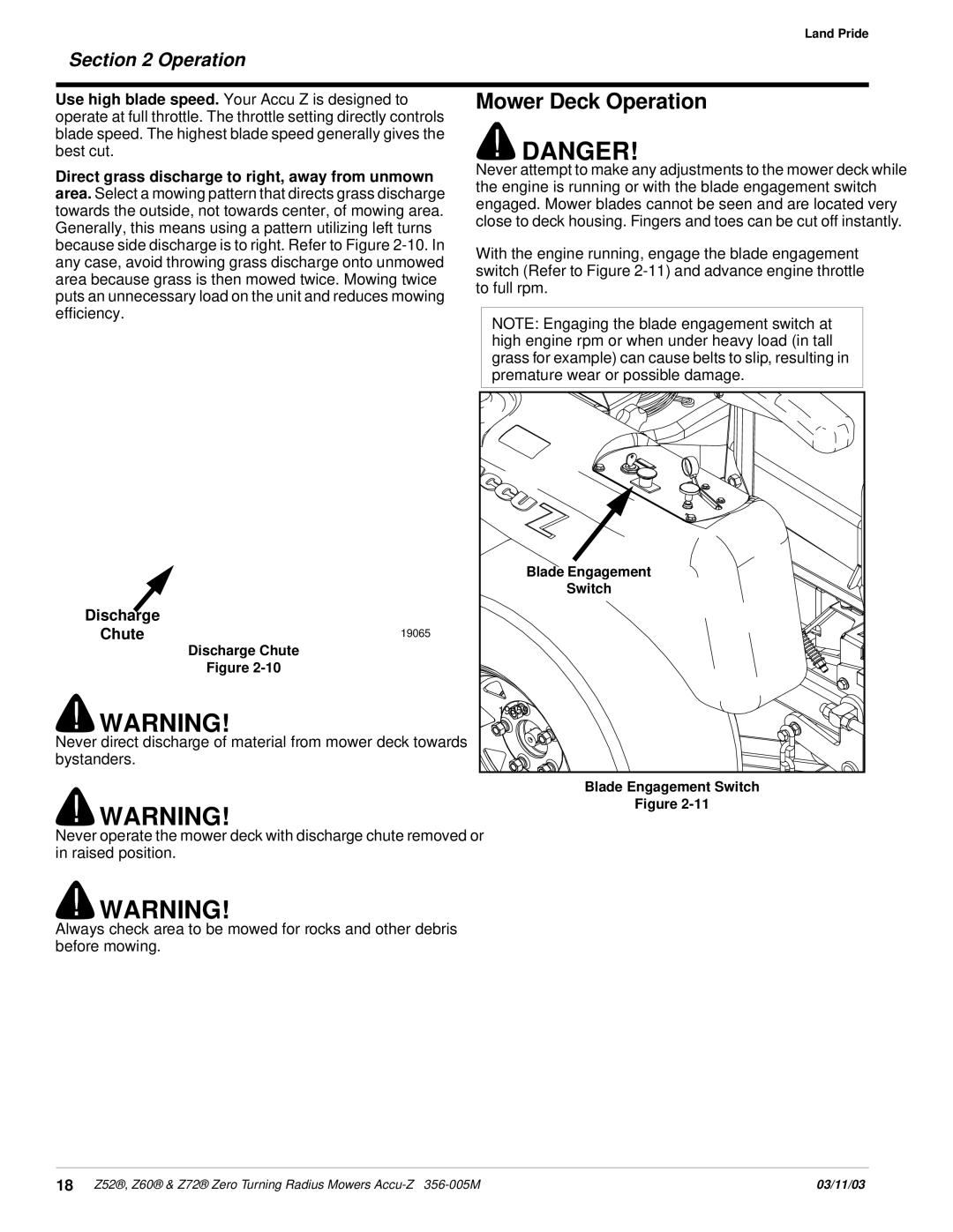 Land Pride Z52 , Z60, Z72 manual Mower Deck Operation 