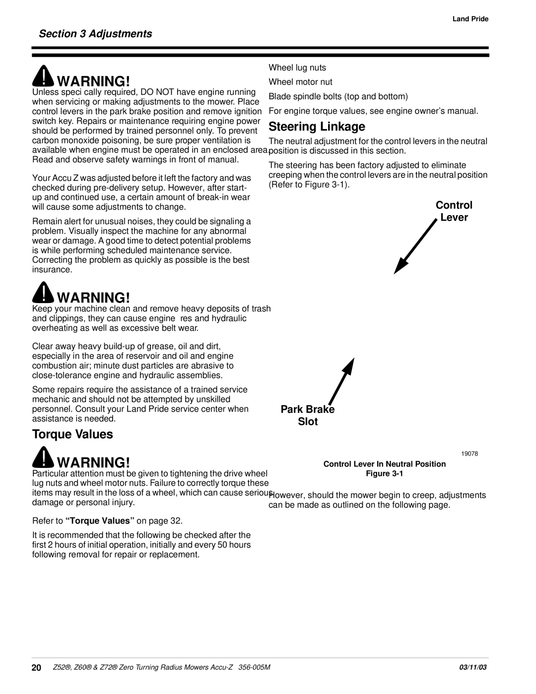 Land Pride Z52 , Z60, Z72 manual Torque Values, Steering Linkage, Adjustments, Control Lever Park Brake Slot 