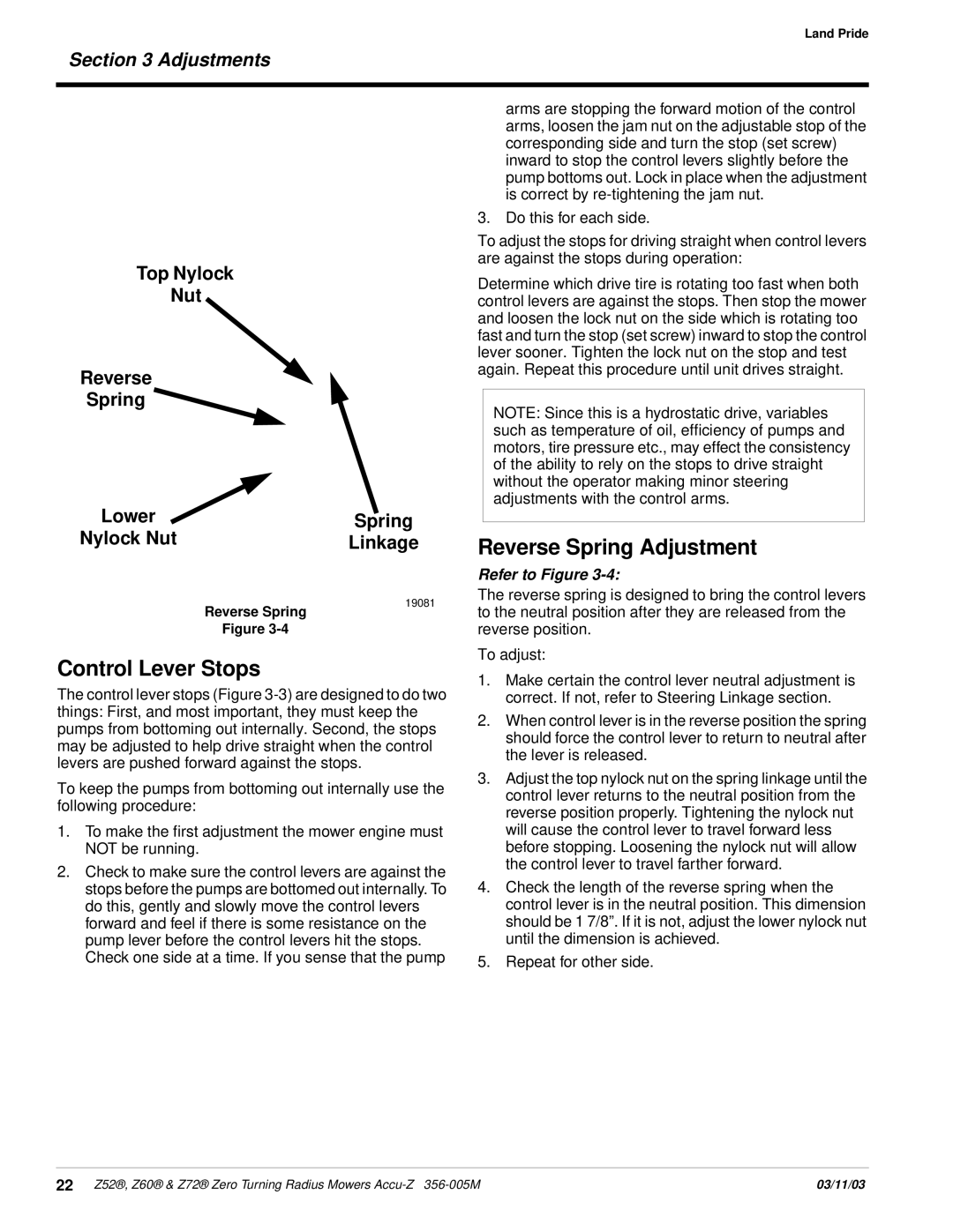 Land Pride Z52 , Z60, Z72 manual Reverse Spring Adjustment, Control Lever Stops, Top Nylock Nut Reverse Spring 