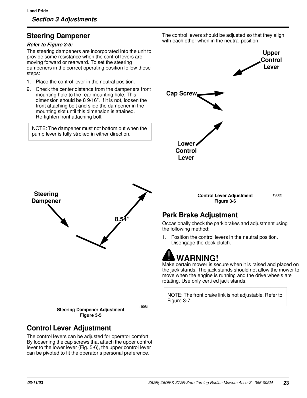 Land Pride Z52 , Z60, Z72 manual Steering Dampener, Park Brake Adjustment, Control Lever Adjustment 