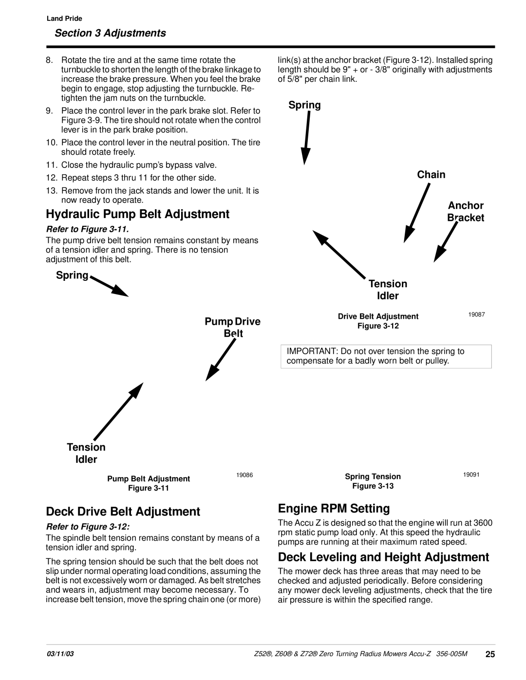 Land Pride Z52 , Z60, Z72 manual Hydraulic Pump Belt Adjustment, Deck Drive Belt Adjustment, Engine RPM Setting 