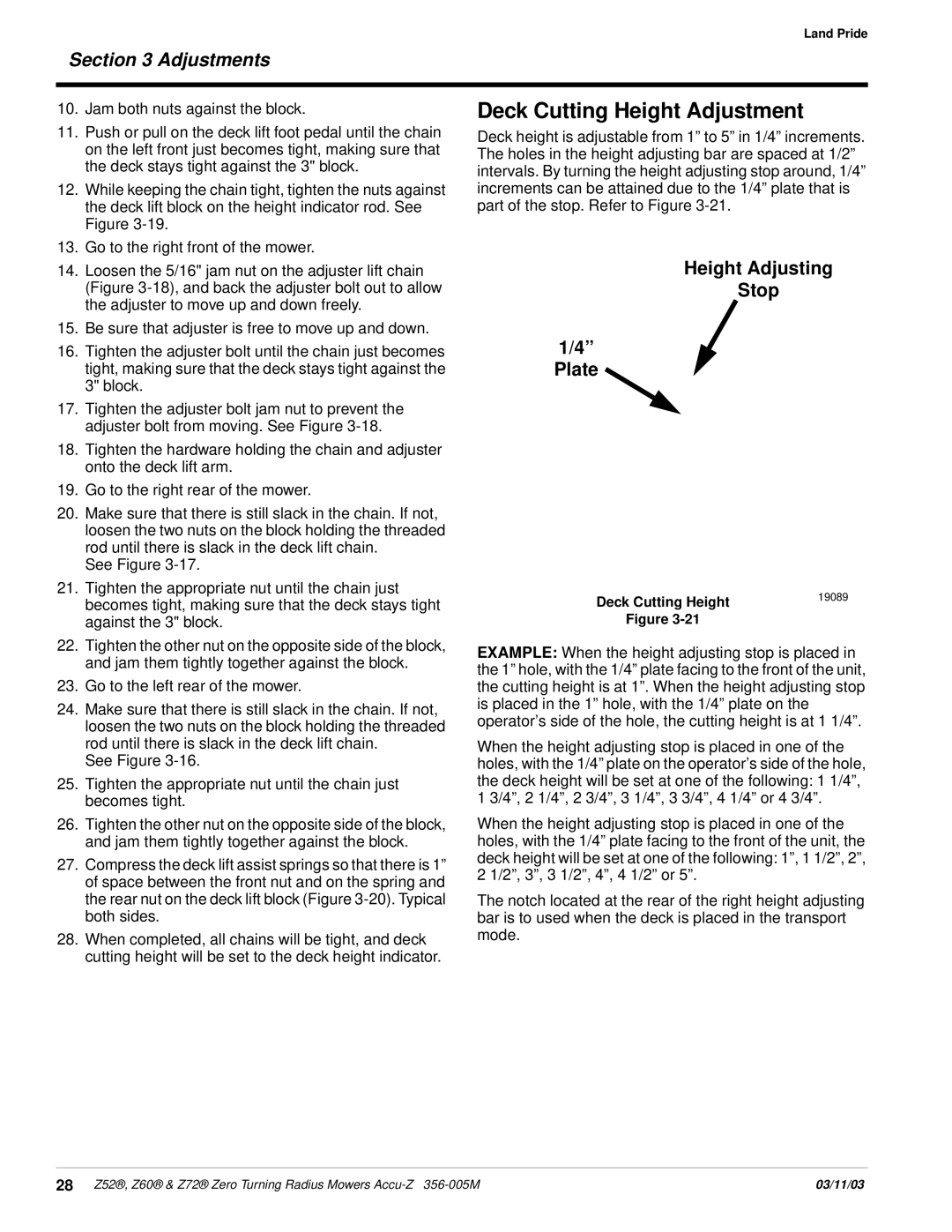 Land Pride Z52 , Z60, Z72 manual Deck Cutting Height Adjustment, Height Adjusting Stop Plate 