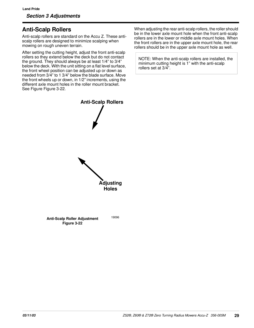 Land Pride Z52 , Z60, Z72 manual Anti-Scalp Rollers Adjusting Holes 