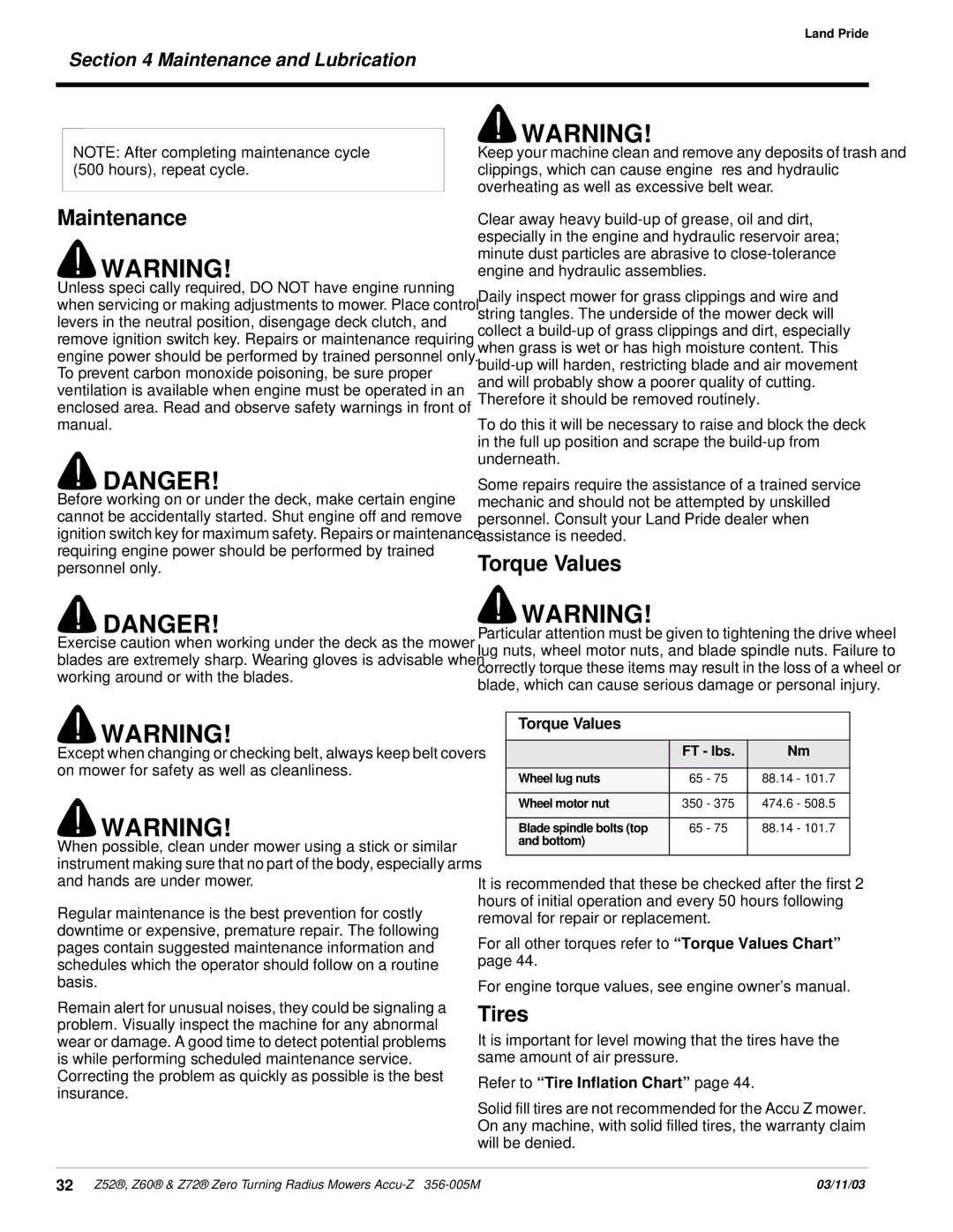 Land Pride Z52 , Z60, Z72 manual Maintenance, Tires, Torque Values, Refer to Tire Inflation Chart 