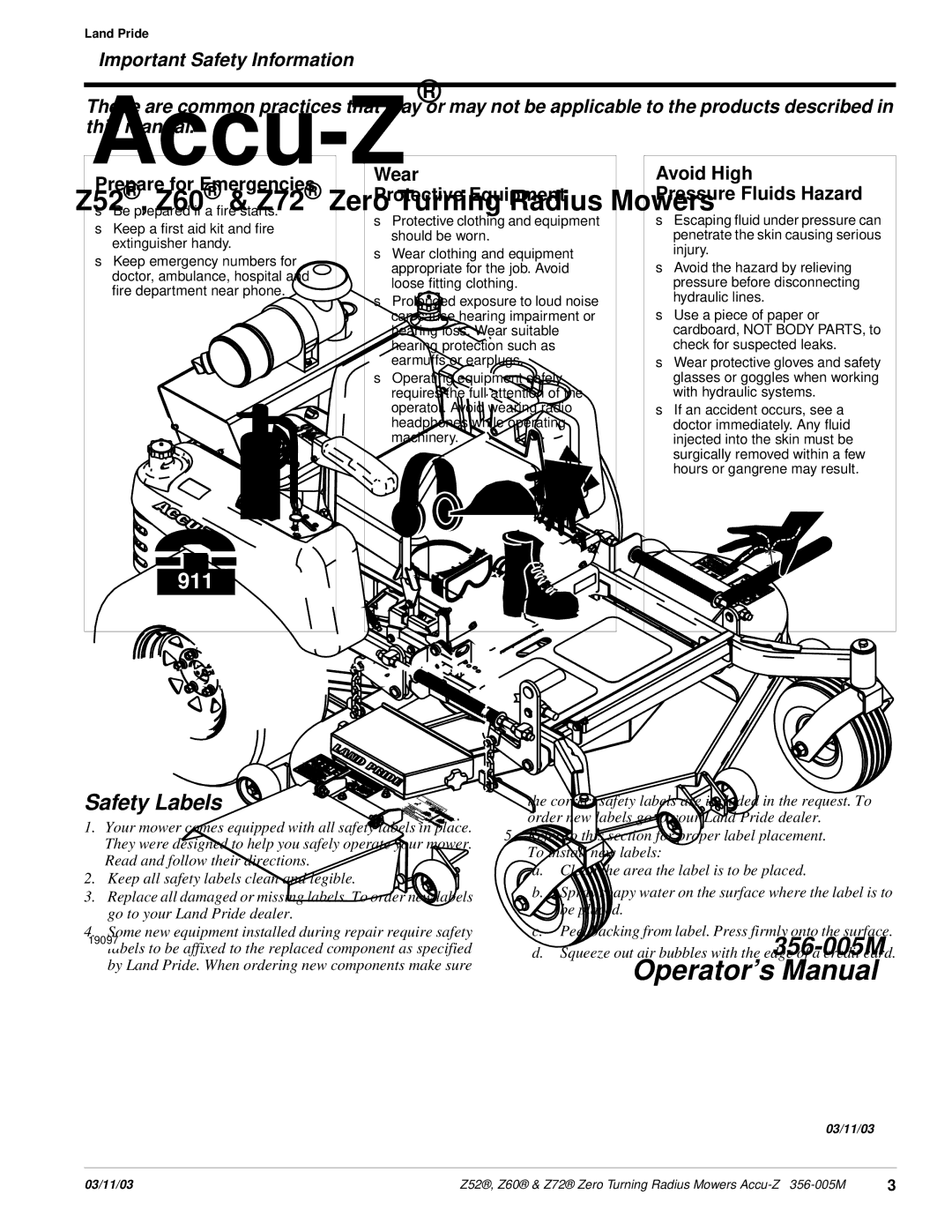 Land Pride Z52 , Z60, Z72 manual Prepare for Emergencies, Wear Protective Equipment, Avoid High Pressure Fluids Hazard 