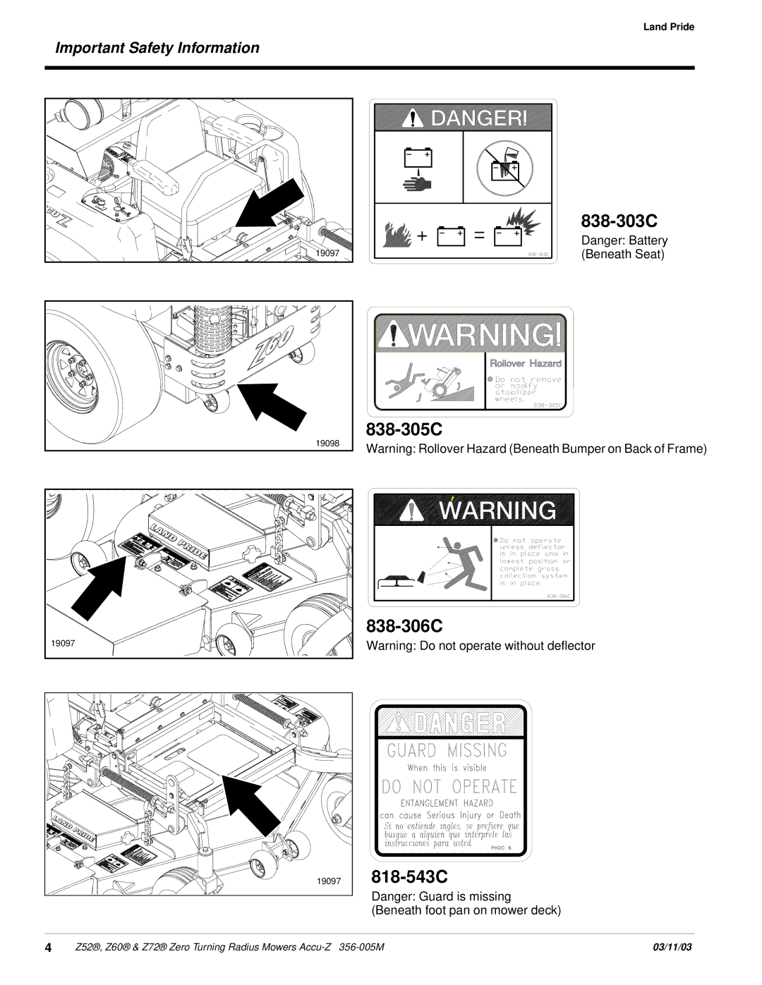 Land Pride Z52 , Z60, Z72 manual 838-303C, Important Safety Information 