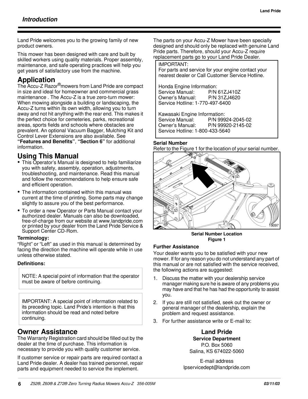 Land Pride Z52 , Z60, Z72 manual Application, Using This Manual, Owner Assistance, Introduction, Land Pride 