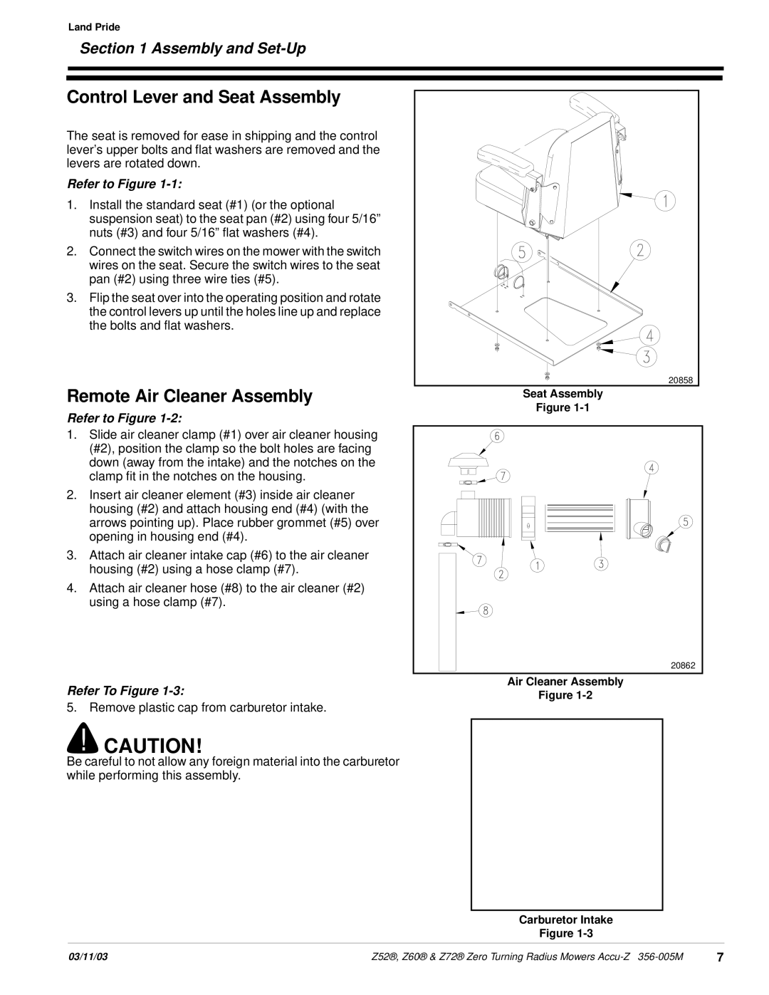 Land Pride Z52 , Z60, Z72 manual Control Lever and Seat Assembly, Remote Air Cleaner Assembly, Assembly and Set-Up 