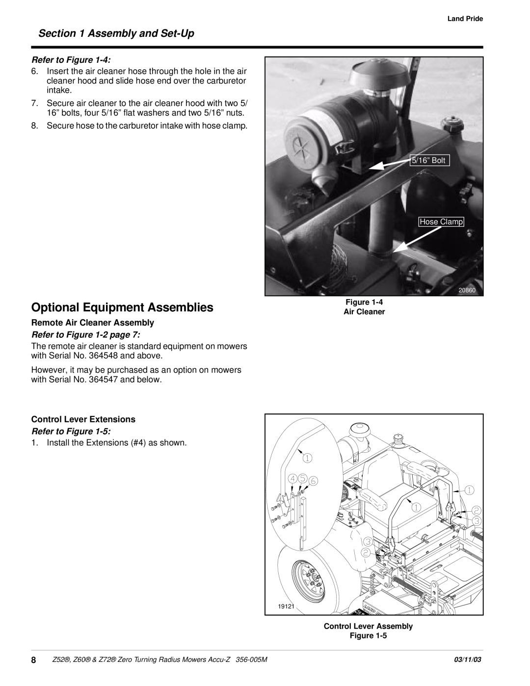 Land Pride Z52 , Z60, Z72 manual Optional Equipment Assemblies, Refer to -2page, Assembly and Set-Up, Refer to Figure 