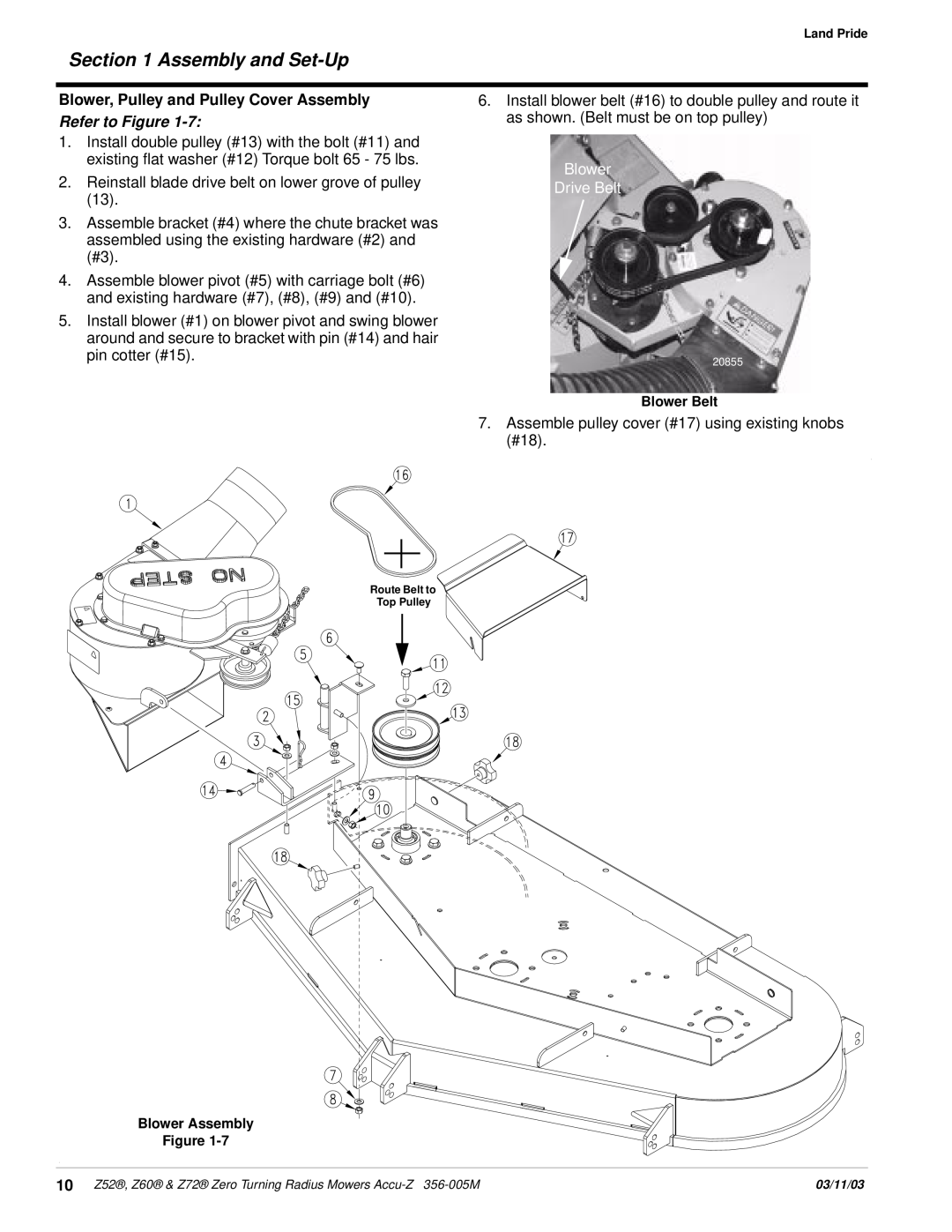 Land Pride Z52 , Z60, Z72 manual Assembly and Set-Up, Blower, Pulley and Pulley Cover Assembly, Refer to Figure 