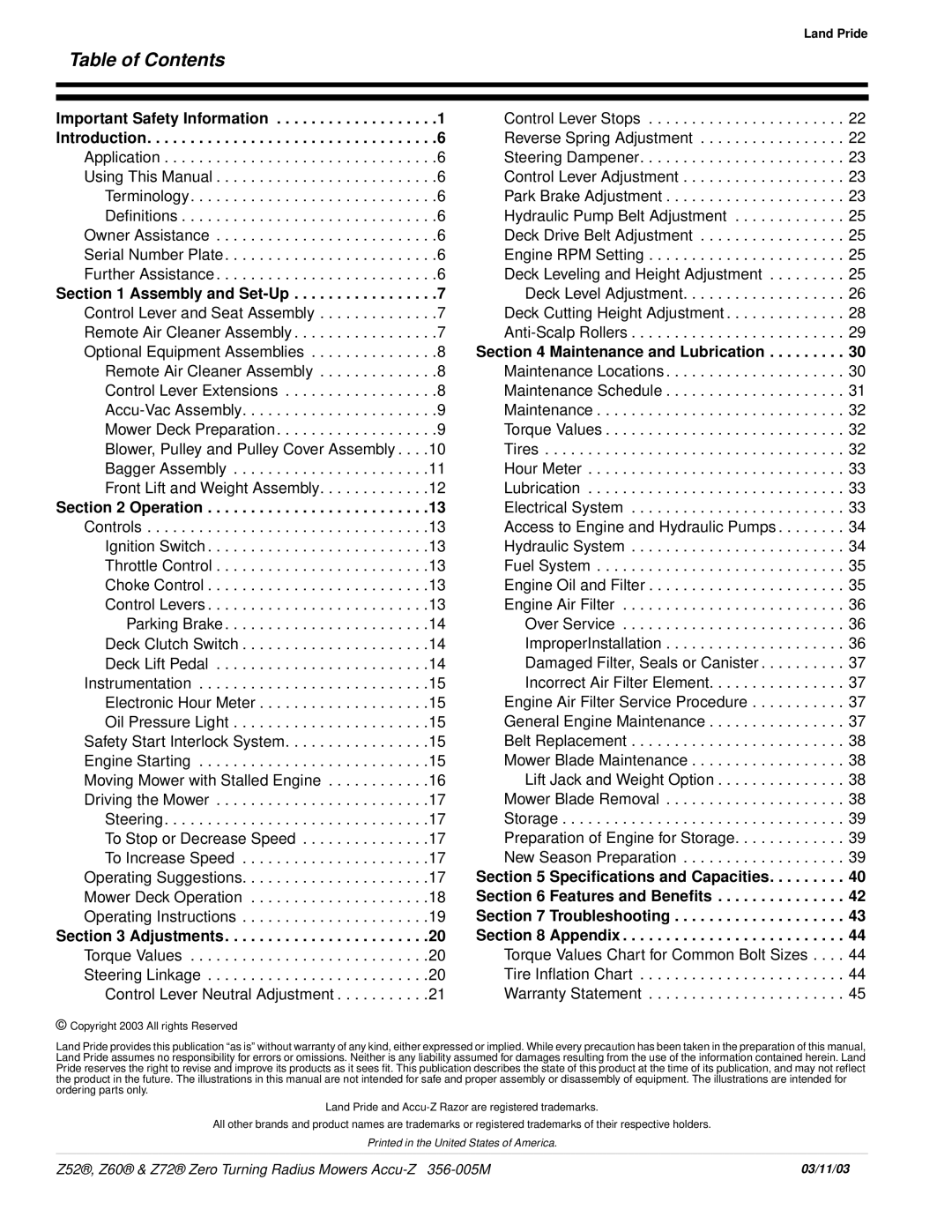 Land Pride Z52 , Z60, Z72 manual Table of Contents 