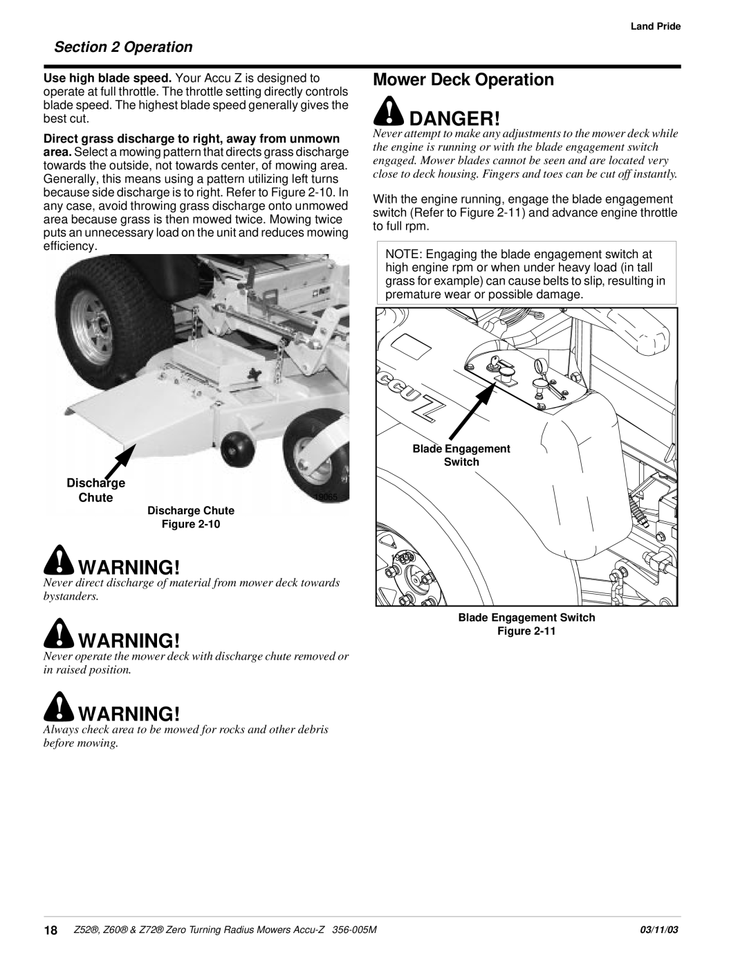 Land Pride Z52 , Z60, Z72 manual Mower Deck Operation, Danger, Discharge, Chute 